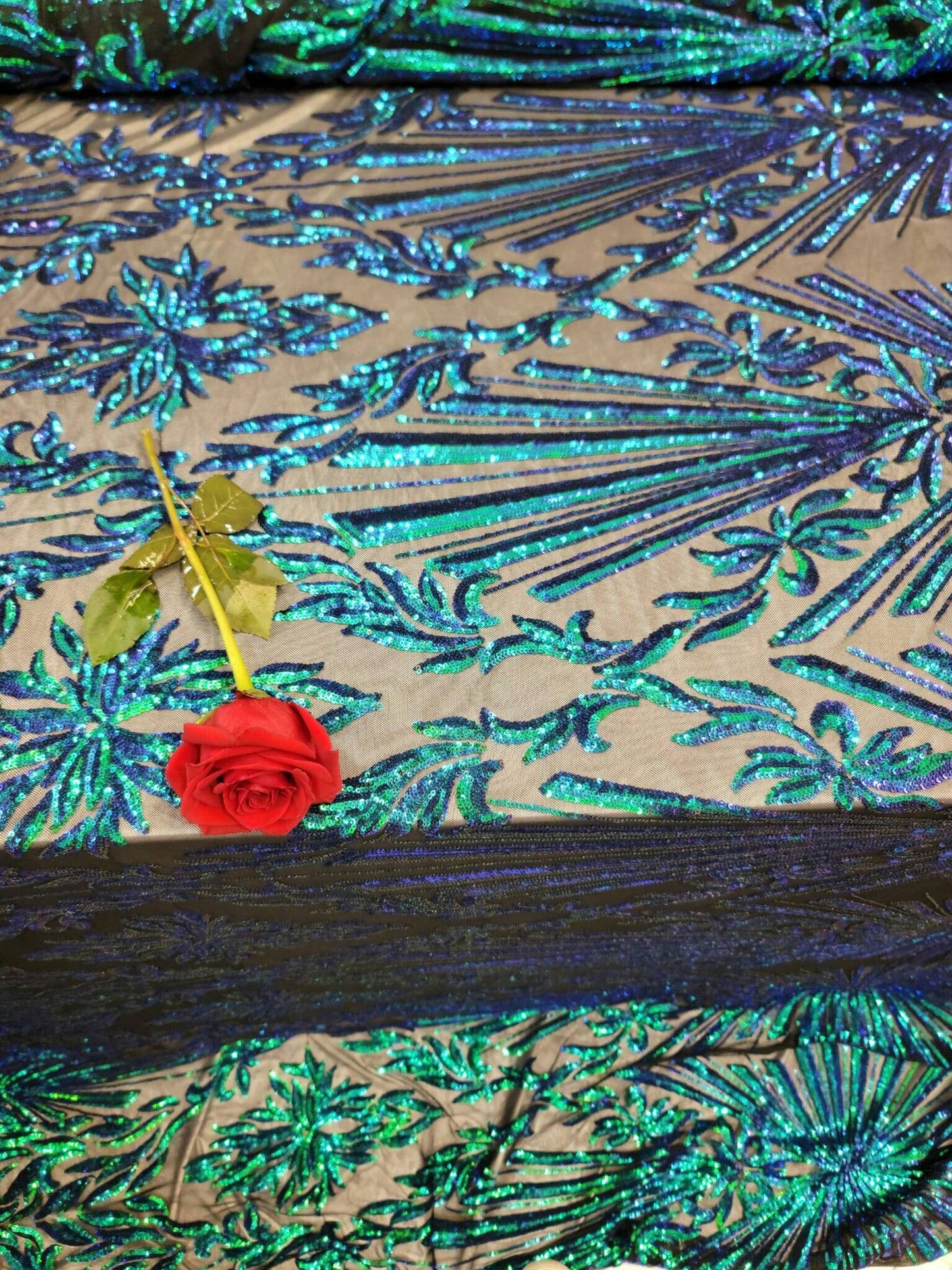 Green Peacock Iridescent Sequin Lace Fabric By The Yard Gown Quinceañera Bridal Mermaid