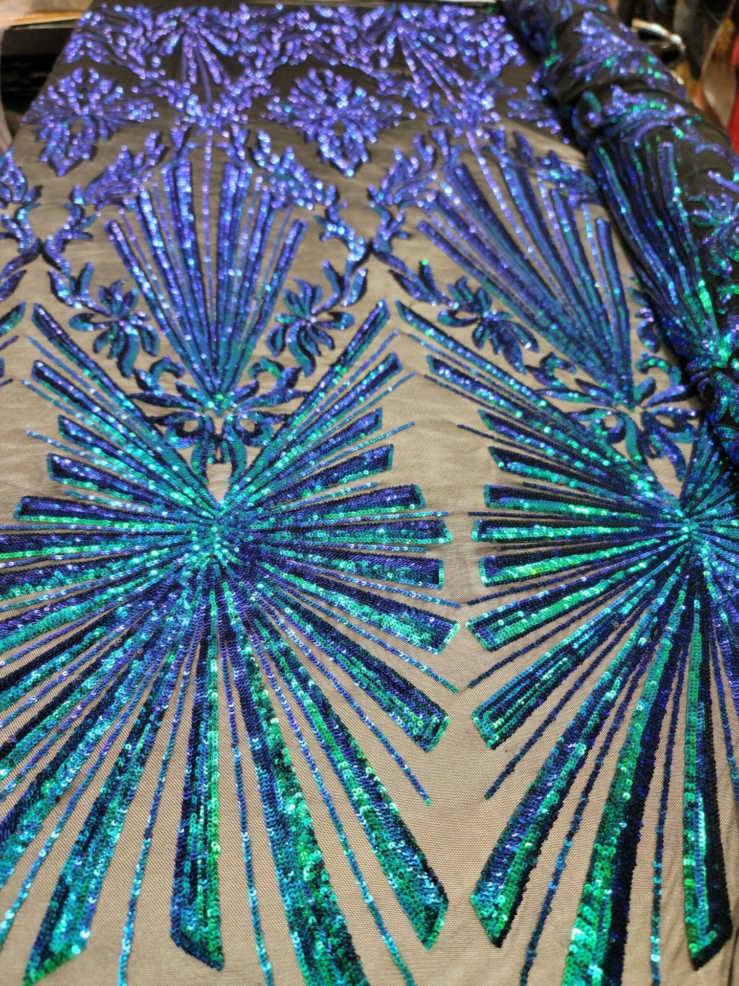 Green Peacock Iridescent Sequin Lace Fabric By The Yard Gown Quinceañera Bridal Mermaid