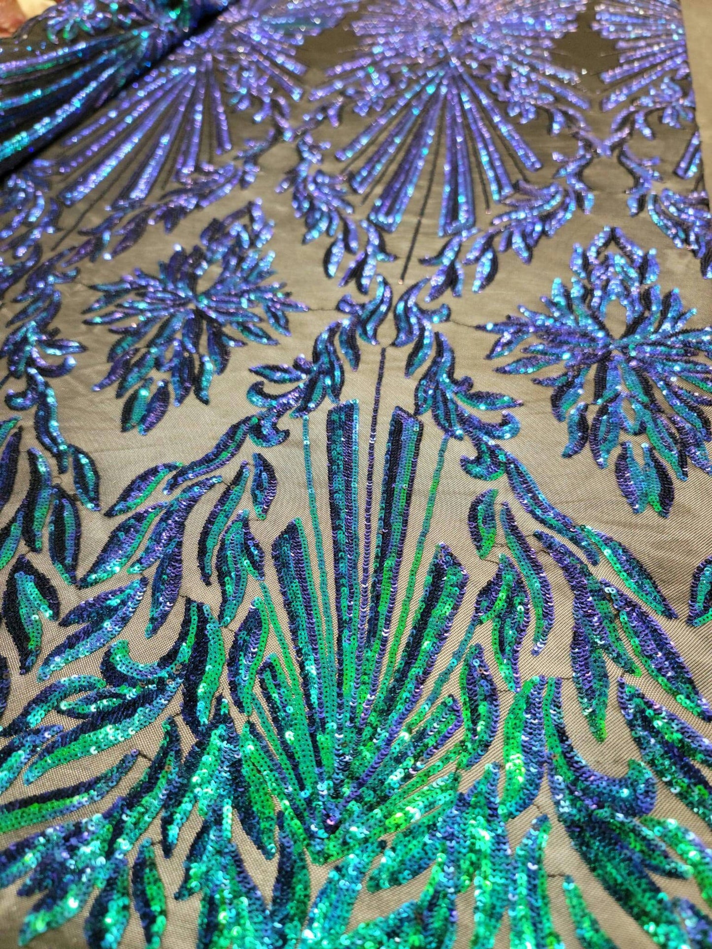 Green Peacock Iridescent Sequin Lace Fabric By The Yard Gown Quinceañera Bridal Mermaid