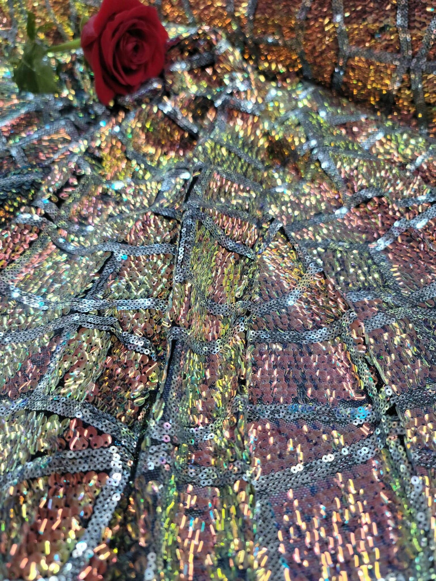 Rose Gold And Green Sequin Iridescent Embroidery On 4 Way Stretch Mesh Prom Fabric Sold By The Yard Gown Bridal