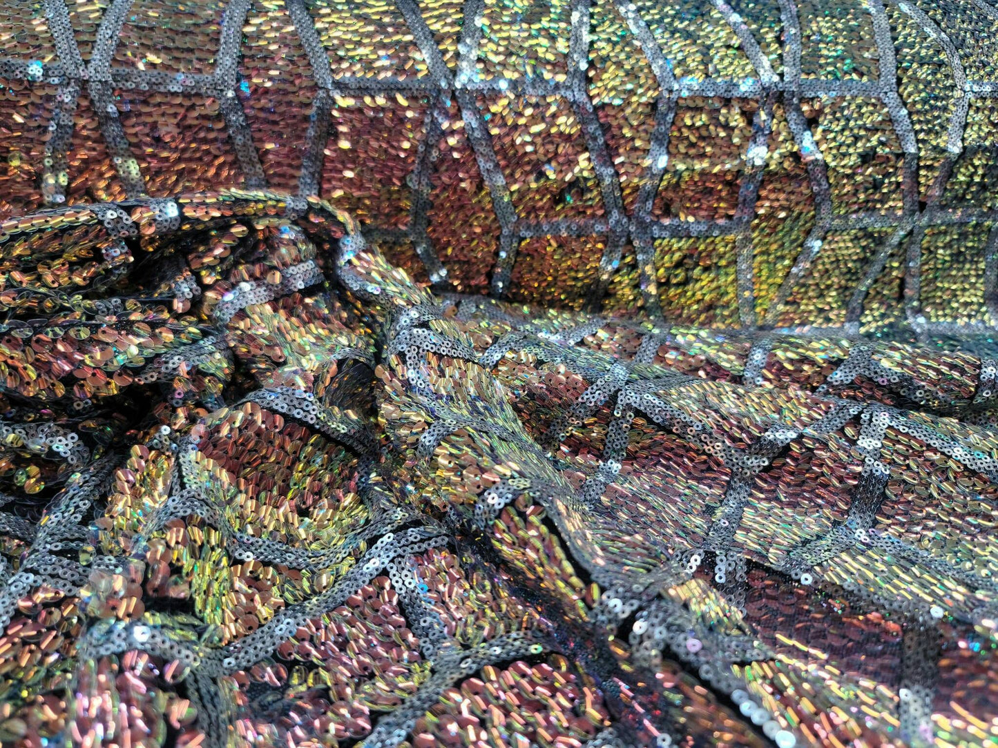 Rose Gold And Green Sequin Iridescent Embroidery On 4 Way Stretch Mesh Prom Fabric Sold By The Yard Gown Bridal
