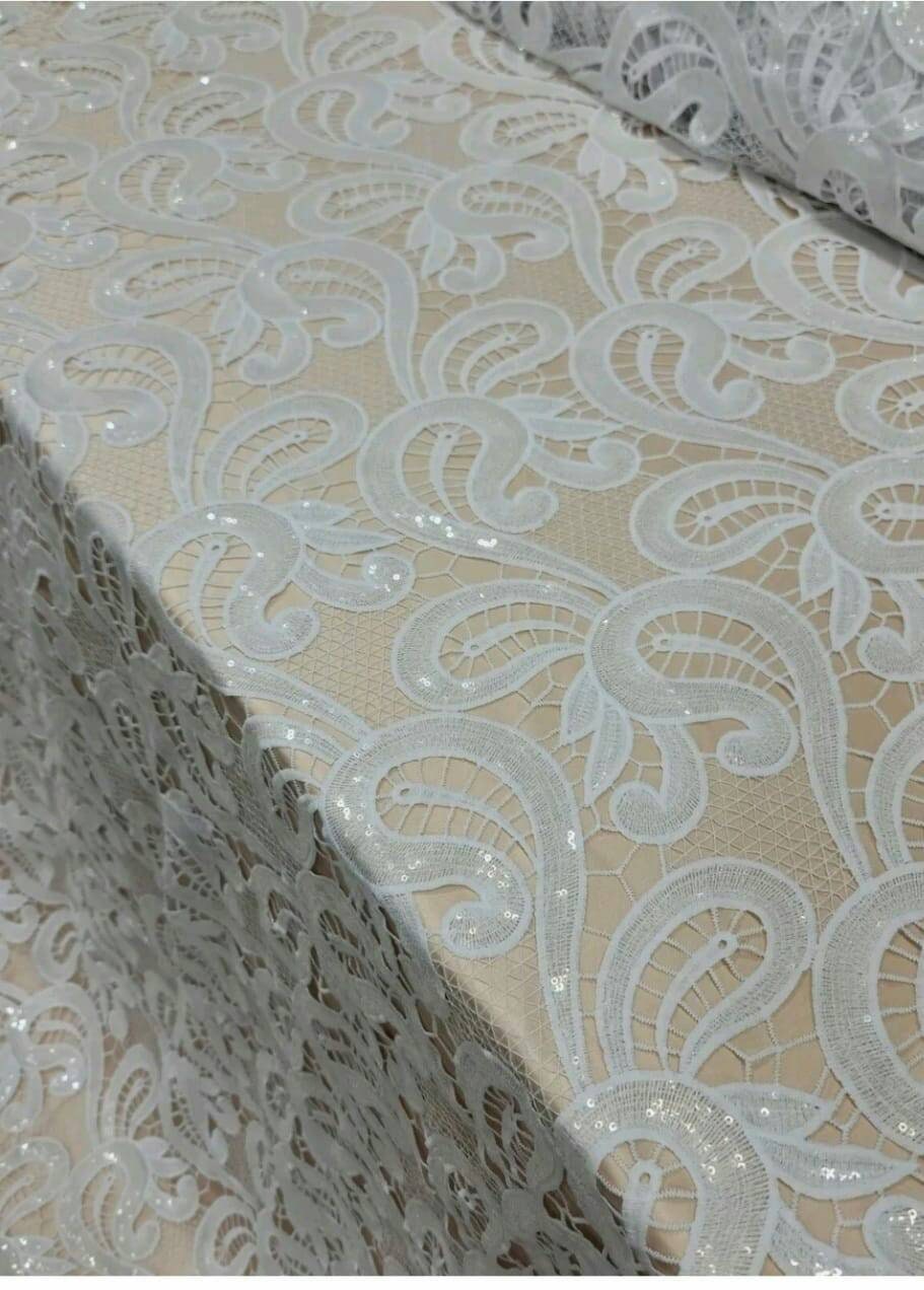 White Guipure Lace Clear Sequin Fabric By The Yard Geometric Pattern Bridal Evening Dress Heavy Embroidery