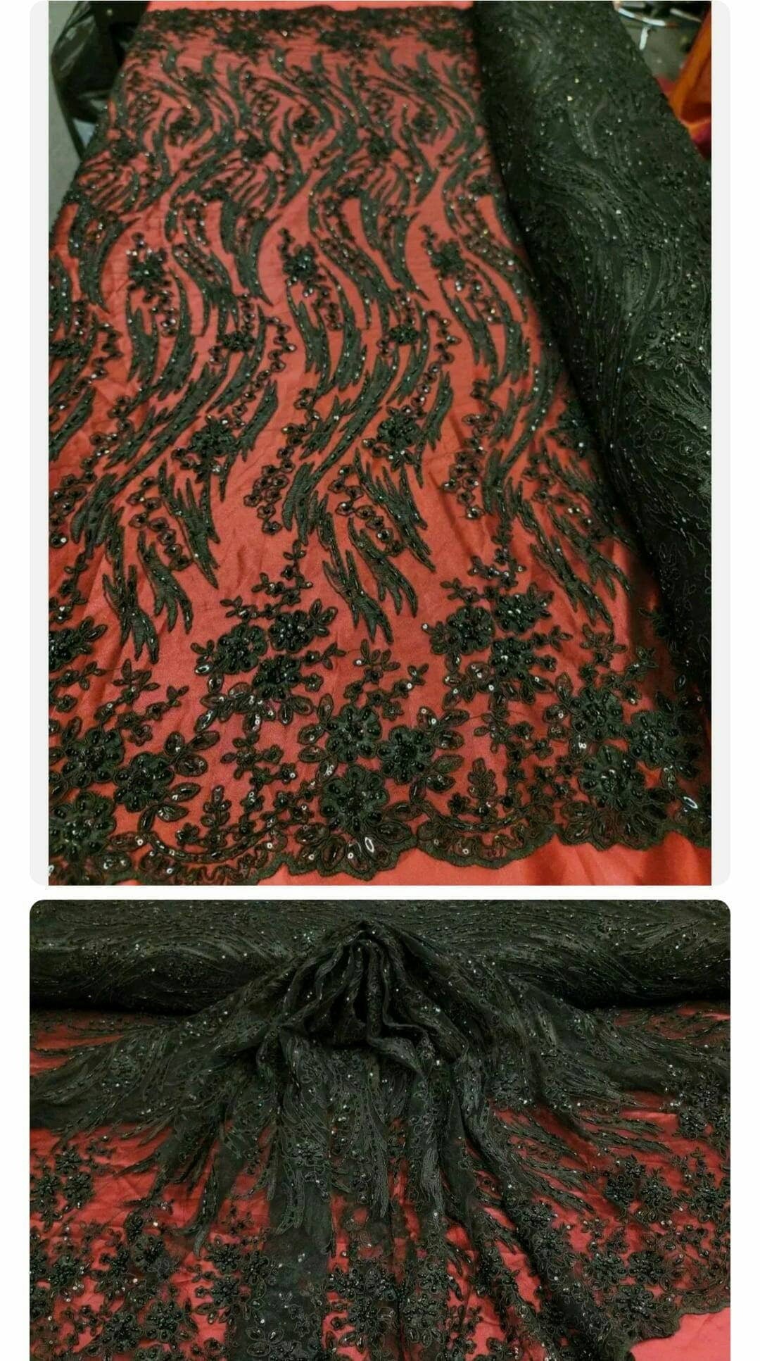 Black Beaded Lace Fabric By The Yard Gown Quinceañera Bridal Evening dress