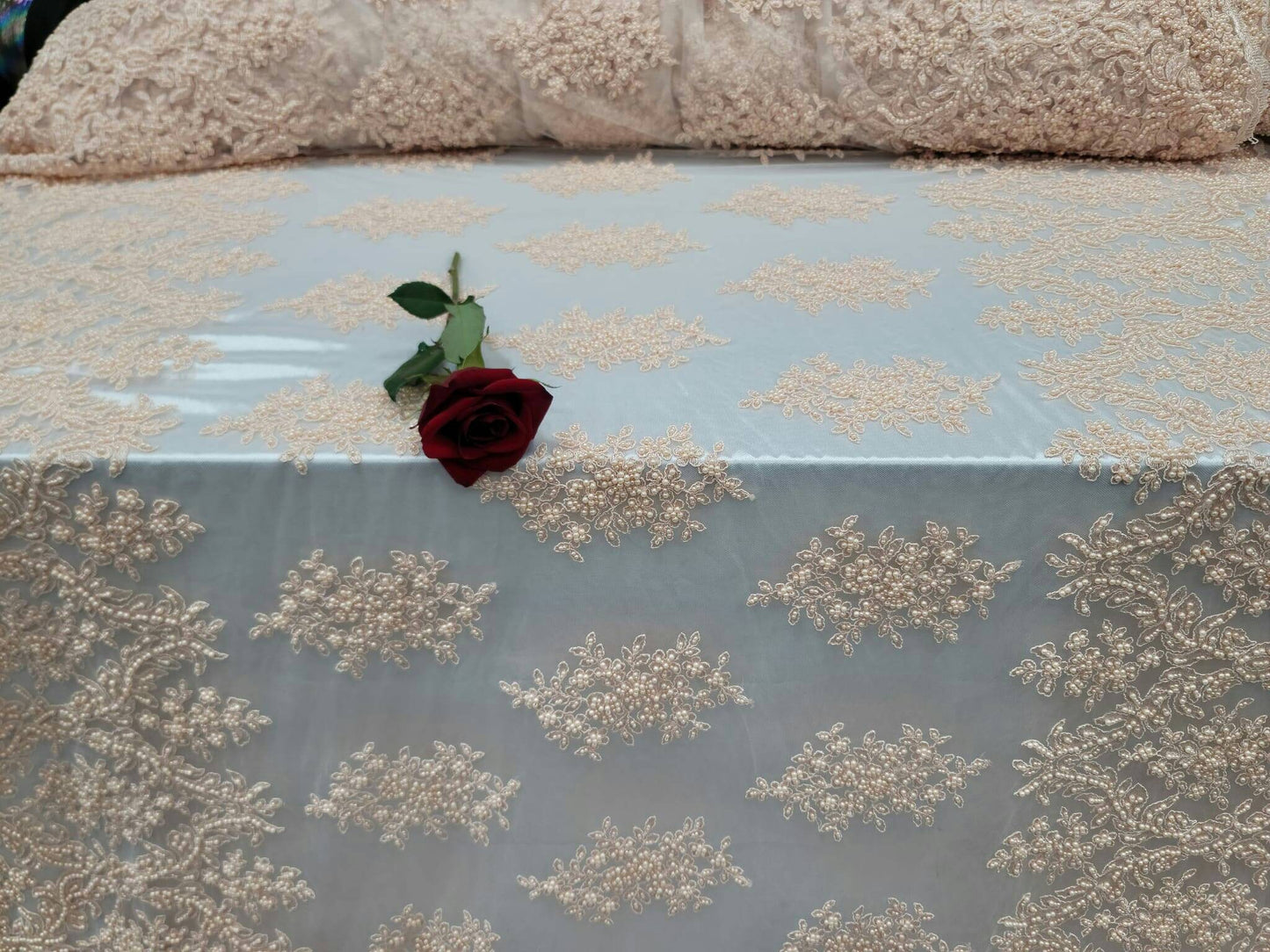 Blush Beaded Lace Floral Embroidered On Mesh Fabric Sold By The Yard Quinceañera Bridal Evening Prom