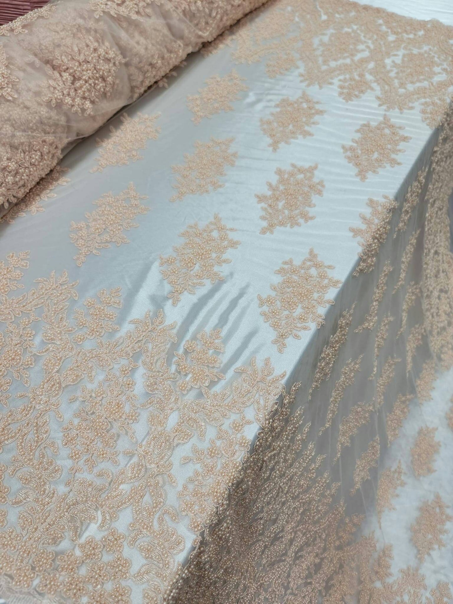 Blush Beaded Lace Floral Embroidered On Mesh Fabric Sold By The Yard Quinceañera Bridal Evening Prom