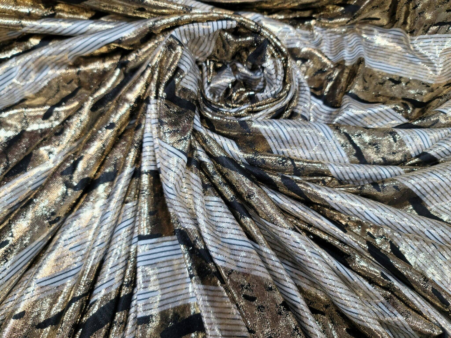 Gold Sparkly Metallic Black Striped Four Way Stretch Ivory Spandex Fabric Sold By The Yard Bridal Decoration Draping.