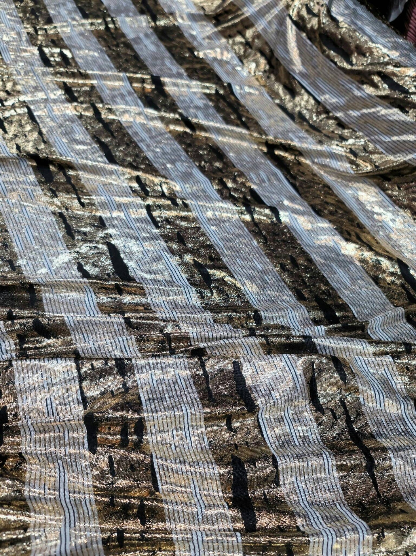 Gold Sparkly Metallic Black Striped Four Way Stretch Ivory Spandex Fabric Sold By The Yard Bridal Decoration Draping.