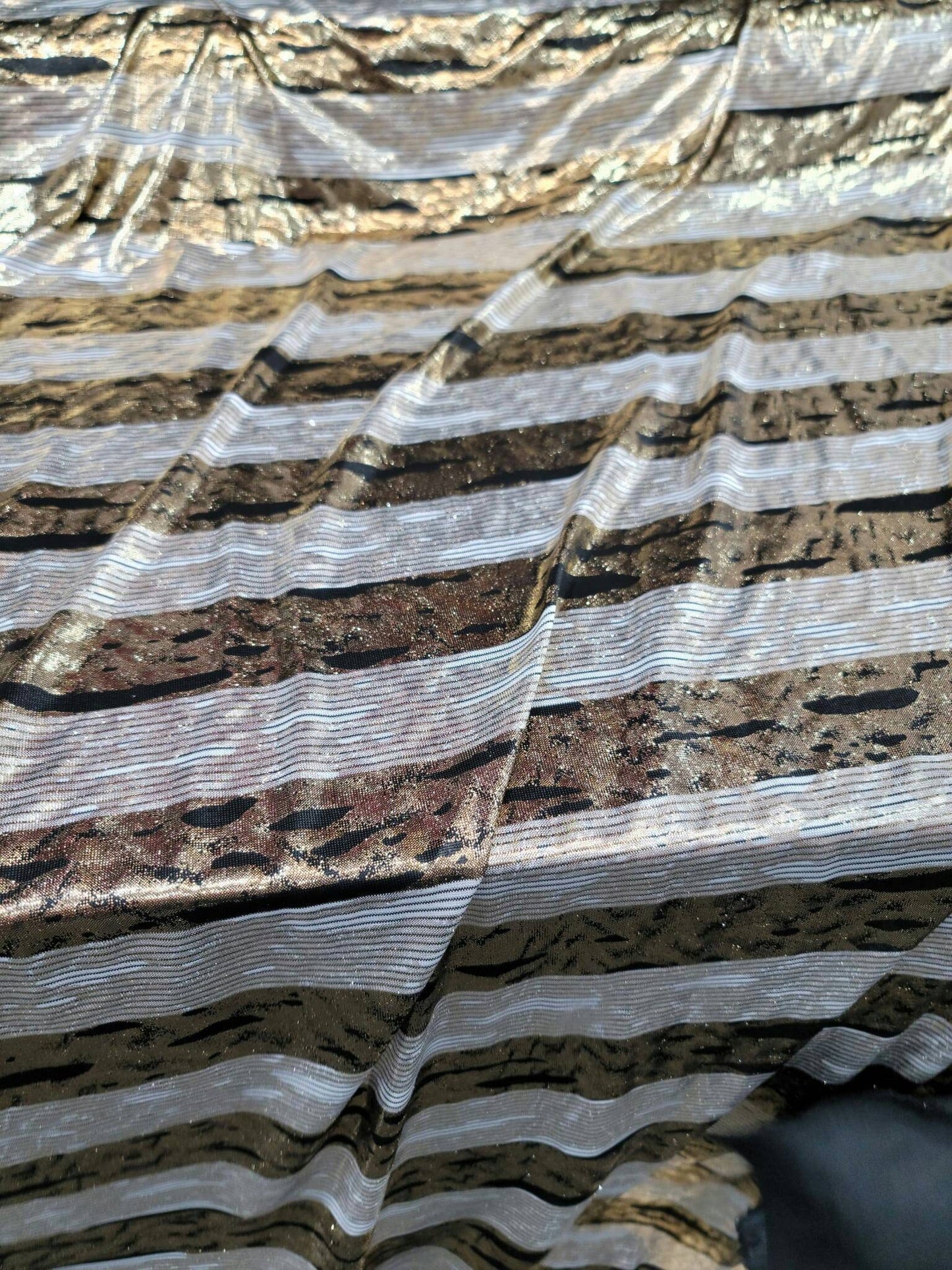 Gold Sparkly Metallic Black Striped Four Way Stretch Ivory Spandex Fabric Sold By The Yard Bridal Decoration Draping.