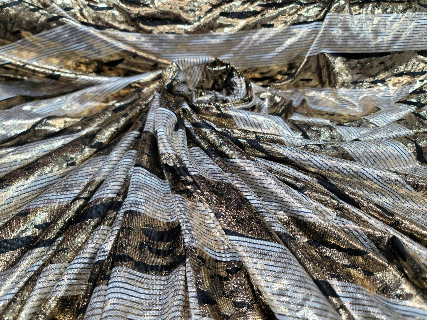 Gold Sparkly Metallic Black Striped Four Way Stretch Ivory Spandex Fabric Sold By The Yard Bridal Decoration Draping.