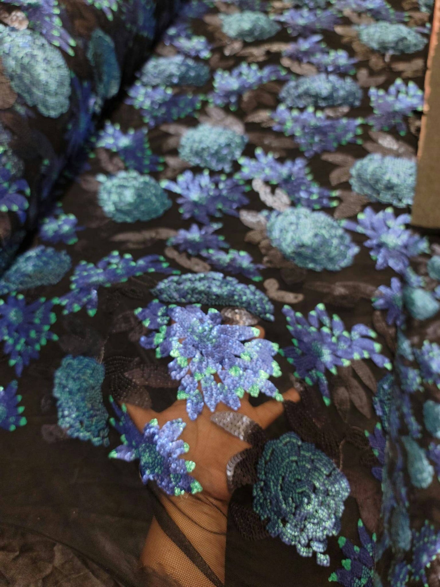 Black Sequin Lace Blue Teal Flowers Prom Fabric Sold by the Yard Gown Quinceañera Bridal Evening Dress Gorgeous Decoration Draping Dancer