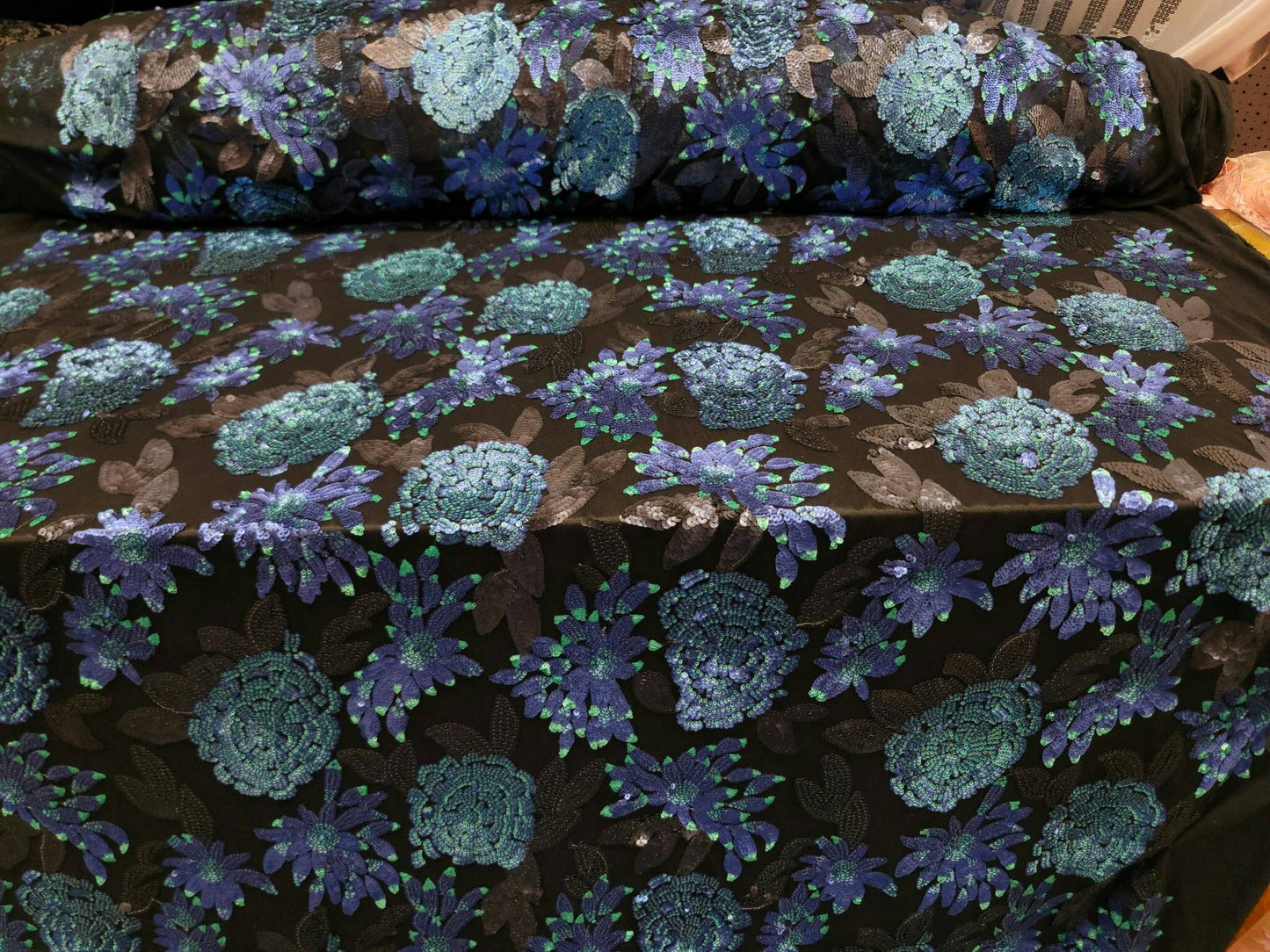 Black Sequin Lace Blue Teal Flowers Prom Fabric Sold by the Yard Gown Quinceañera Bridal Evening Dress Gorgeous Decoration Draping Dancer