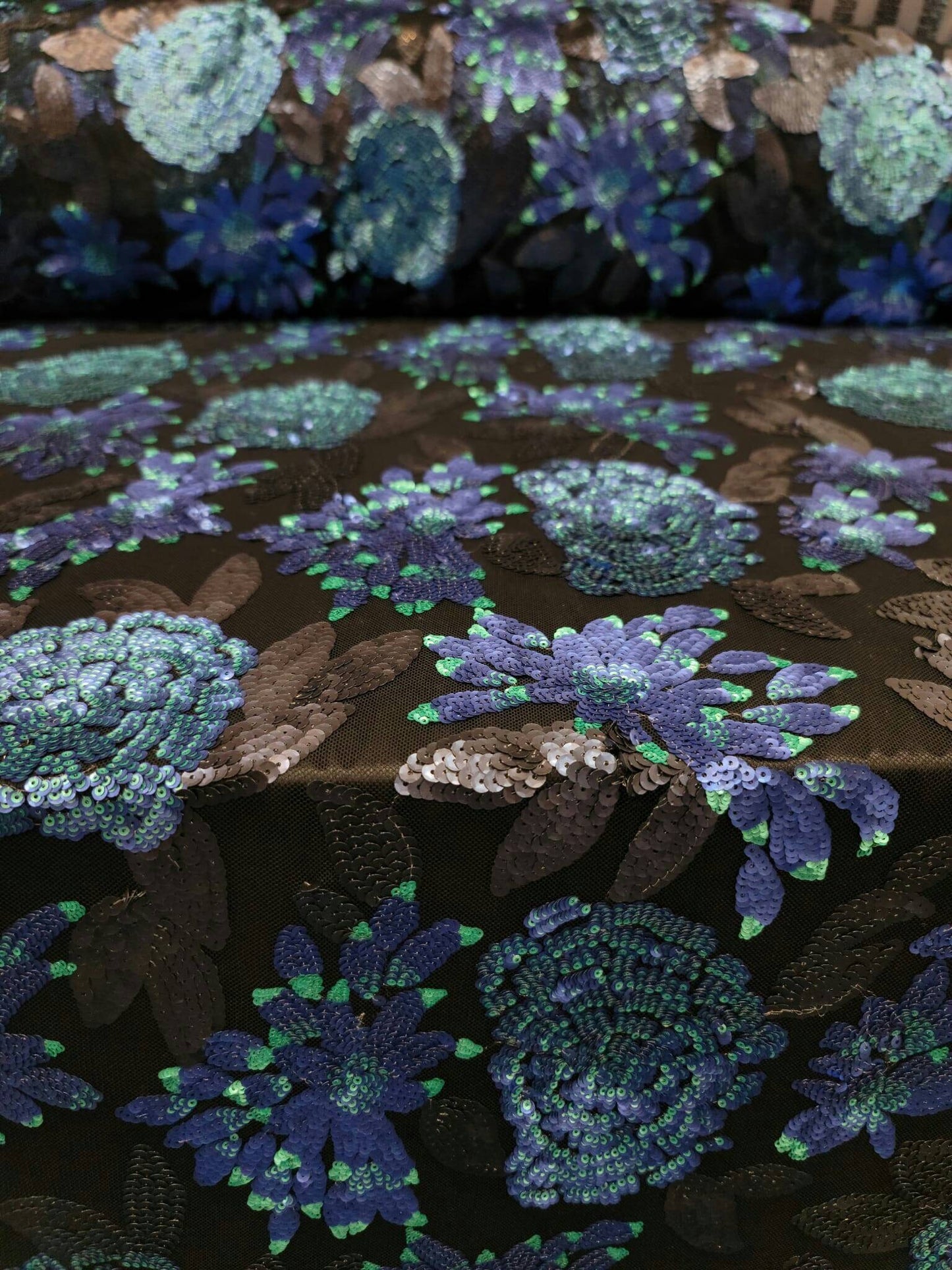 Black Sequin Lace Blue Teal Flowers Prom Fabric Sold by the Yard Gown Quinceañera Bridal Evening Dress Gorgeous Decoration Draping Dancer