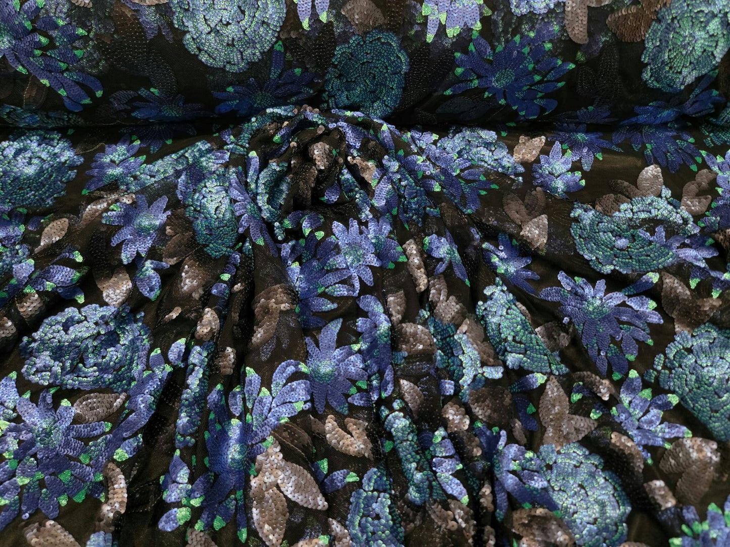 Black Sequin Lace Blue Teal Flowers Prom Fabric Sold by the Yard Gown Quinceañera Bridal Evening Dress Gorgeous Decoration Draping Dancer