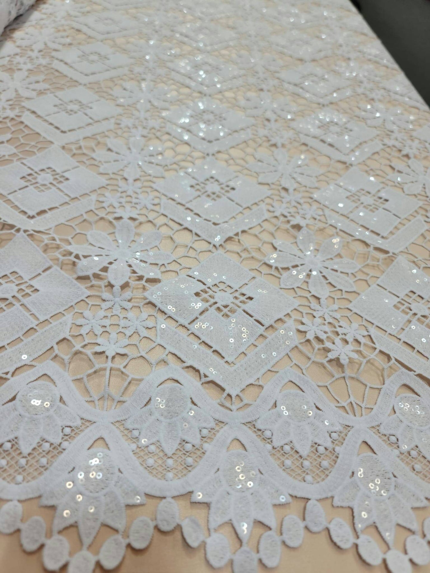 White Embroidered Floral Flowers Geometric Guipure Lace Clear Sequin Fabric Sold by the Yard Gown Bridal Evening Dress