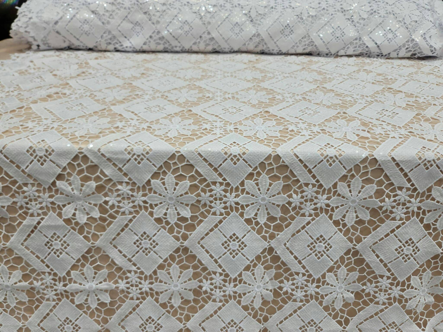 White Embroidered Floral Flowers Geometric Guipure Lace Clear Sequin Fabric Sold by the Yard Gown Bridal Evening Dress
