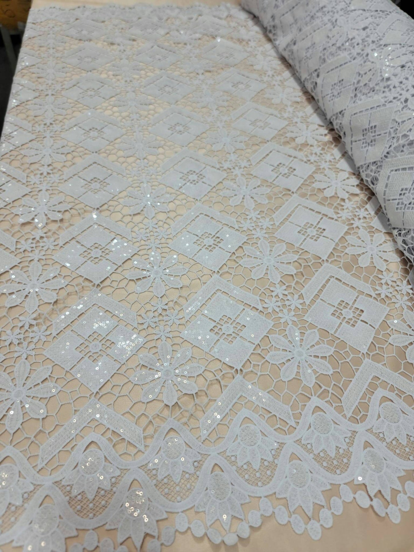 White Embroidered Floral Flowers Geometric Guipure Lace Clear Sequin Fabric Sold by the Yard Gown Bridal Evening Dress