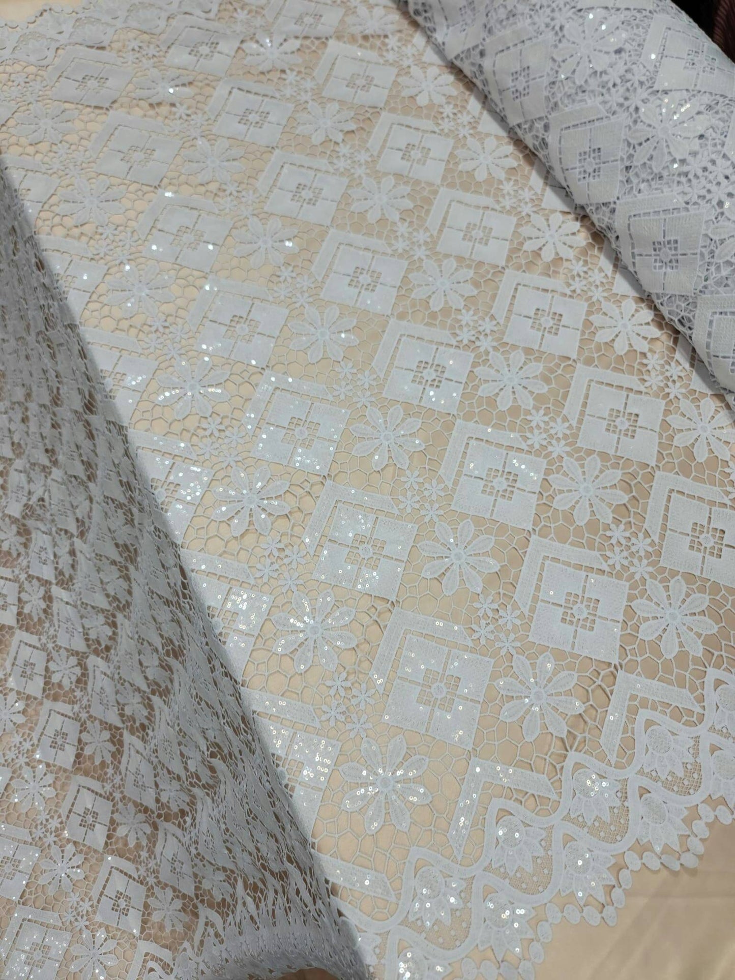 White Embroidered Floral Flowers Geometric Guipure Lace Clear Sequin Fabric Sold by the Yard Gown Bridal Evening Dress