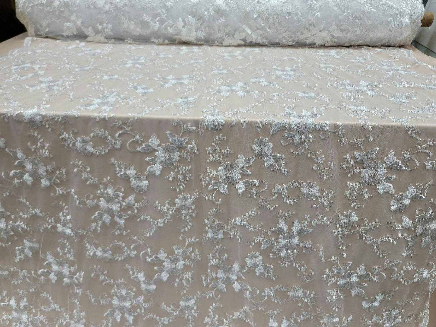 White Lace Embroidery Floral Flowers Fabric By The Yard Gown Bridal Evening Dress Double Scalloped Wedding Lace