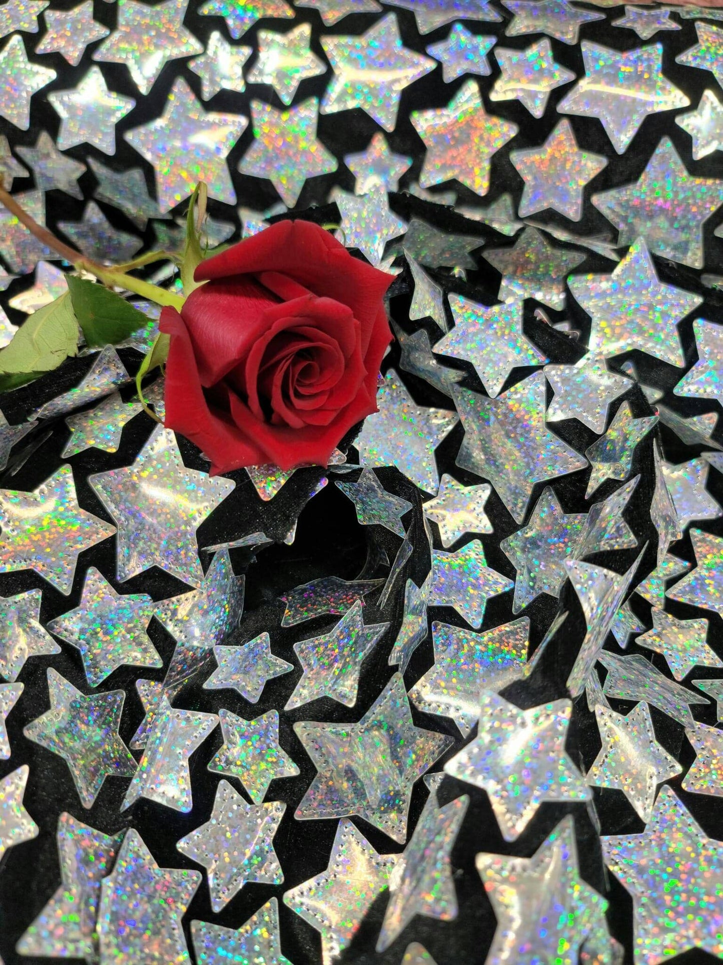Silver Sequin Iridescent Embroidery Stars On Black Stretch Velvet Fabric By The Yard Fashion Dress Clothing Backdrop Party Dress