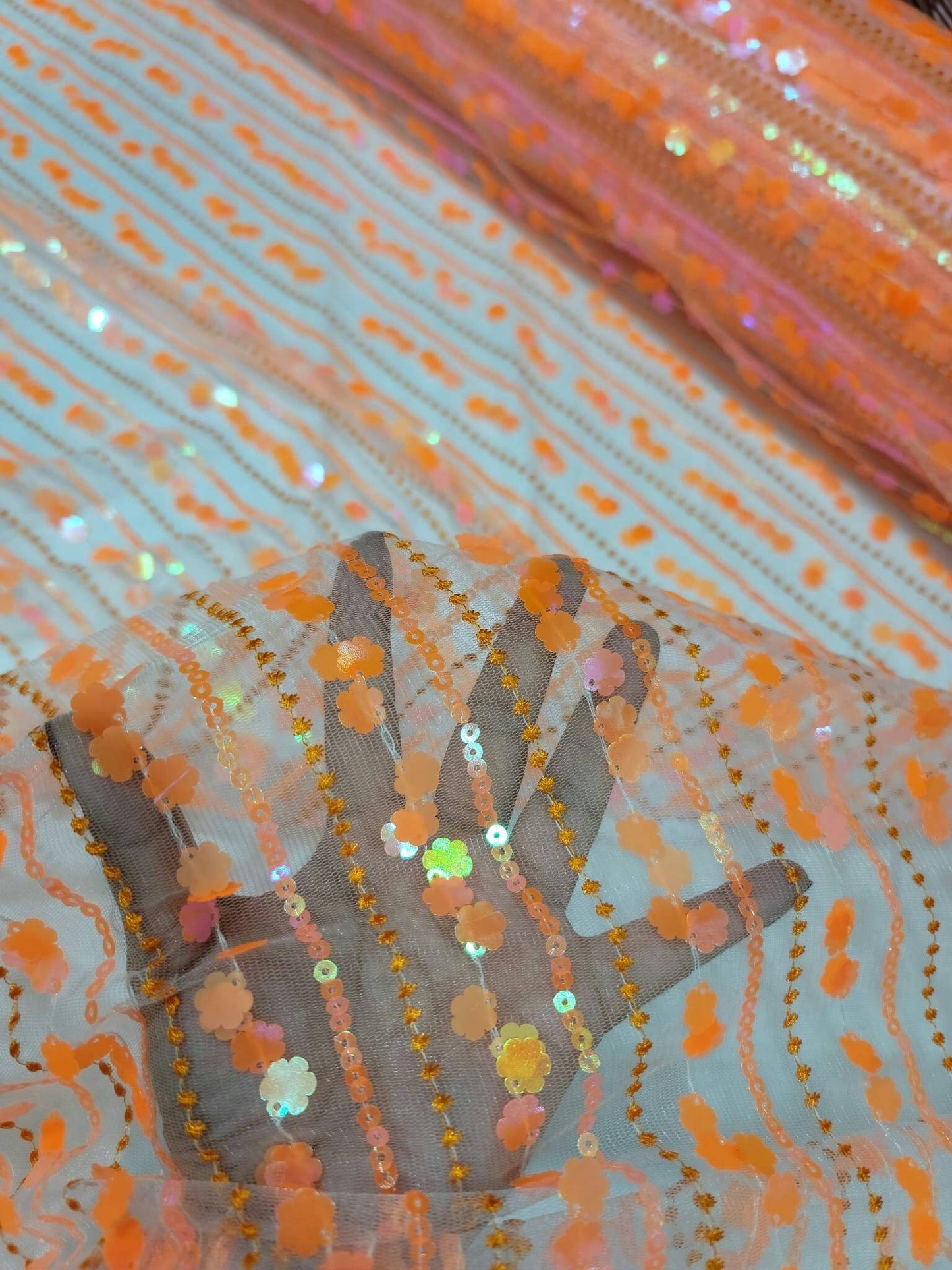 Orange Lace Neon Iridescent Hologram Sequin Floral Flowers Fabric By The Yard Gown Quinceañera Bridal Evening Dress