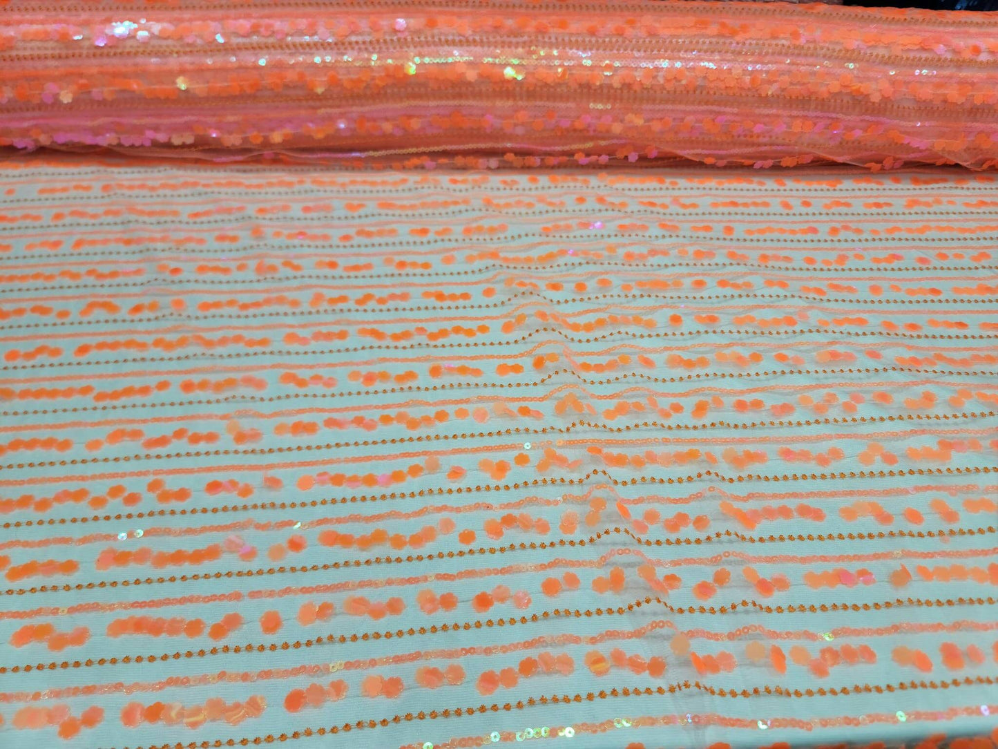 Orange Lace Neon Iridescent Hologram Sequin Floral Flowers Fabric By The Yard Gown Quinceañera Bridal Evening Dress