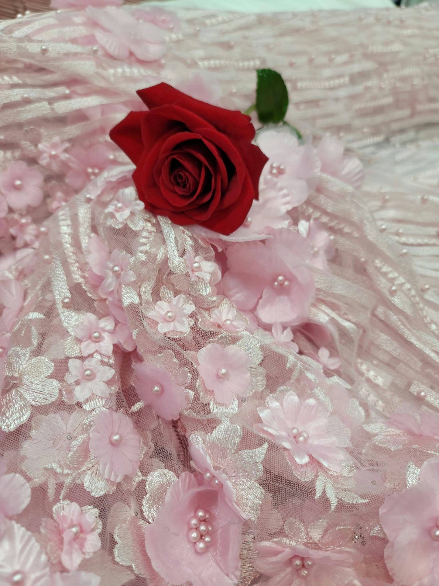Pink Lace 3d Satin Floral Flowers On Embroidered Mesh Quinceañera Bridal Prom Gown Fabric Sold By The Yard Wedding Pearls