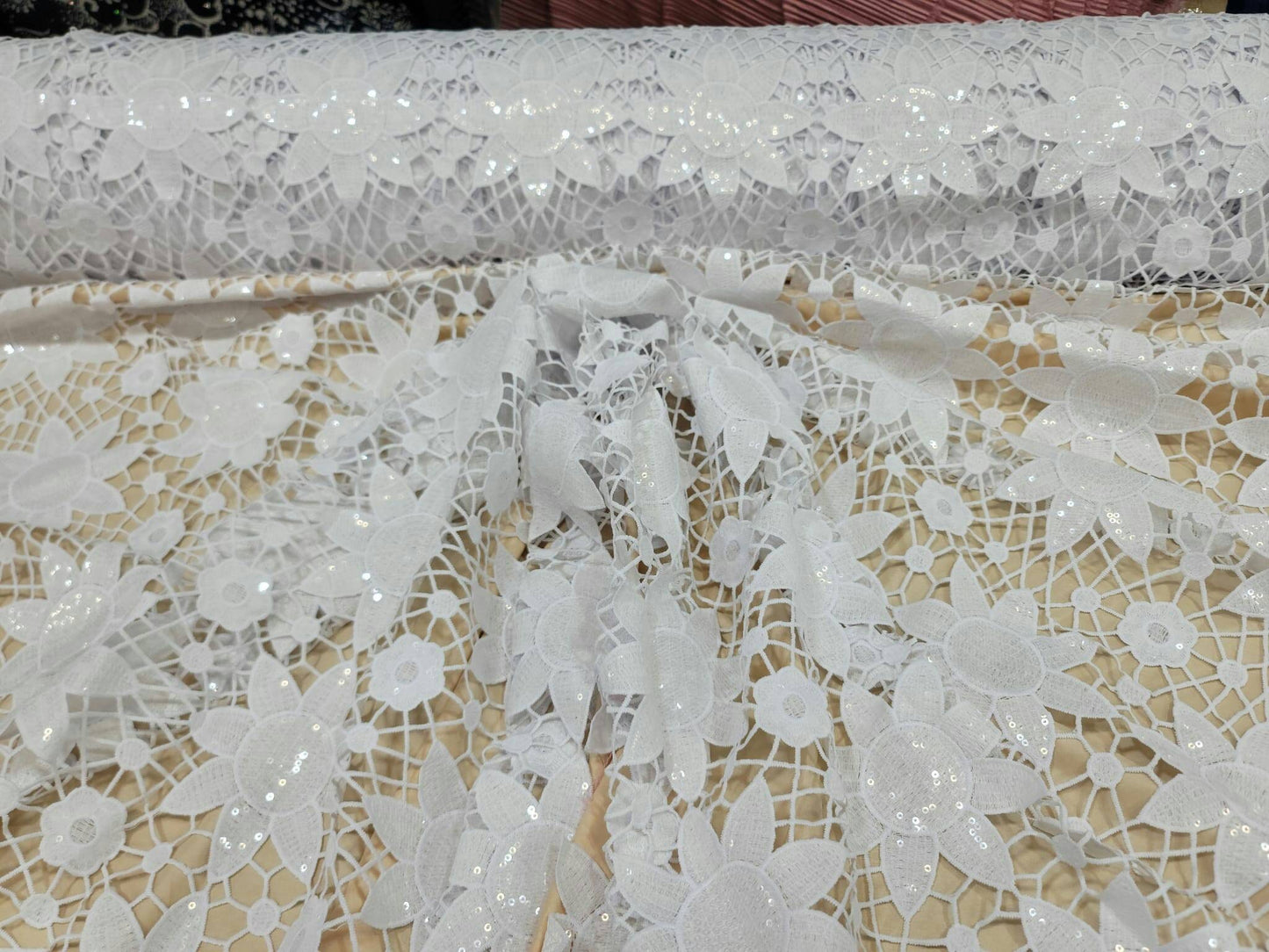 White Lace Embroidered Clear Sequin Baptism Fabric By The Yard Drees Bridal fabric Wedding Gown Soft