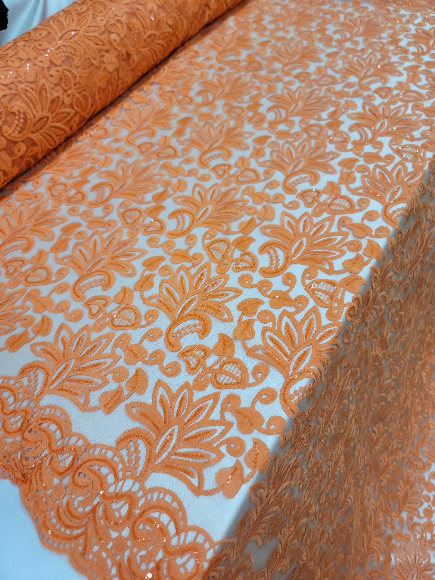 Orange Embroidery Lace Clear Sequin Fabric By The Yard Floral Flowers Double Scalloped Prom Quinceañera Bridal Evening Dress