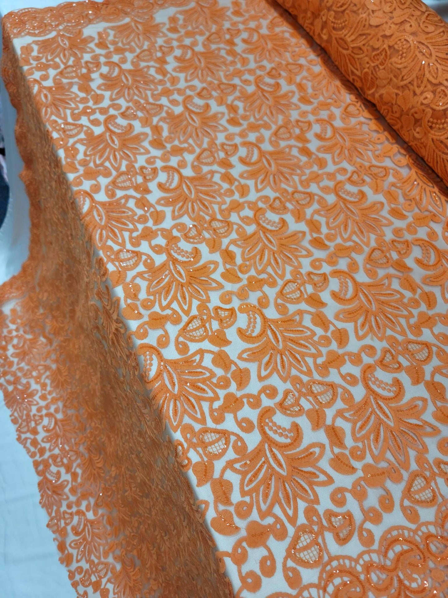 Orange Embroidery Lace Clear Sequin Fabric By The Yard Floral Flowers Double Scalloped Prom Quinceañera Bridal Evening Dress