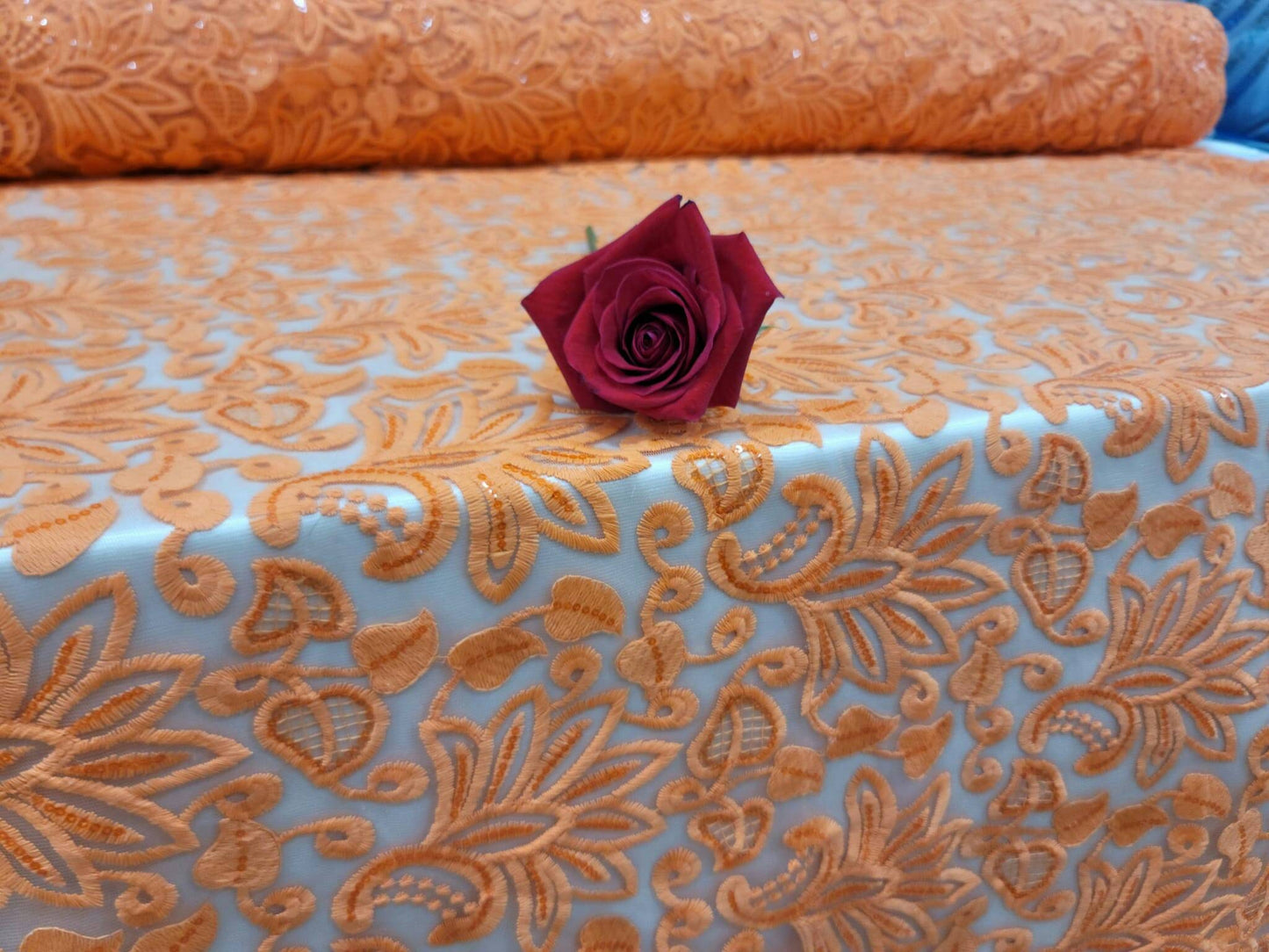 Orange Embroidery Lace Clear Sequin Fabric By The Yard Floral Flowers Double Scalloped Prom Quinceañera Bridal Evening Dress