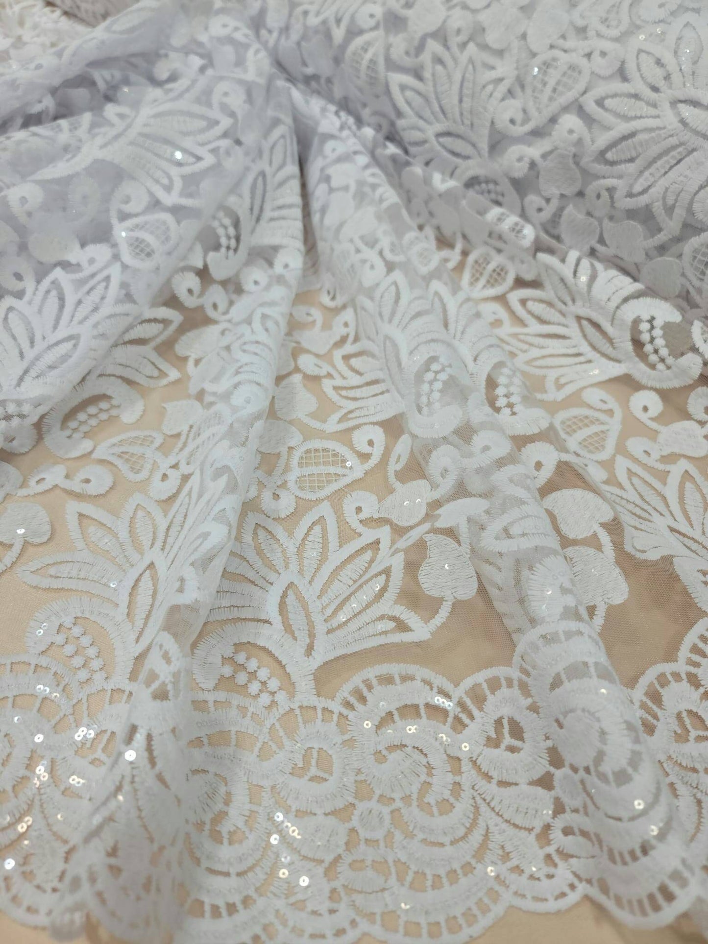 White Bridal Lace Floral Flowers Embroidered on Mesh Clear Sequin Fabric Sold by the Yard Double Scallops Gown Wedding Dress