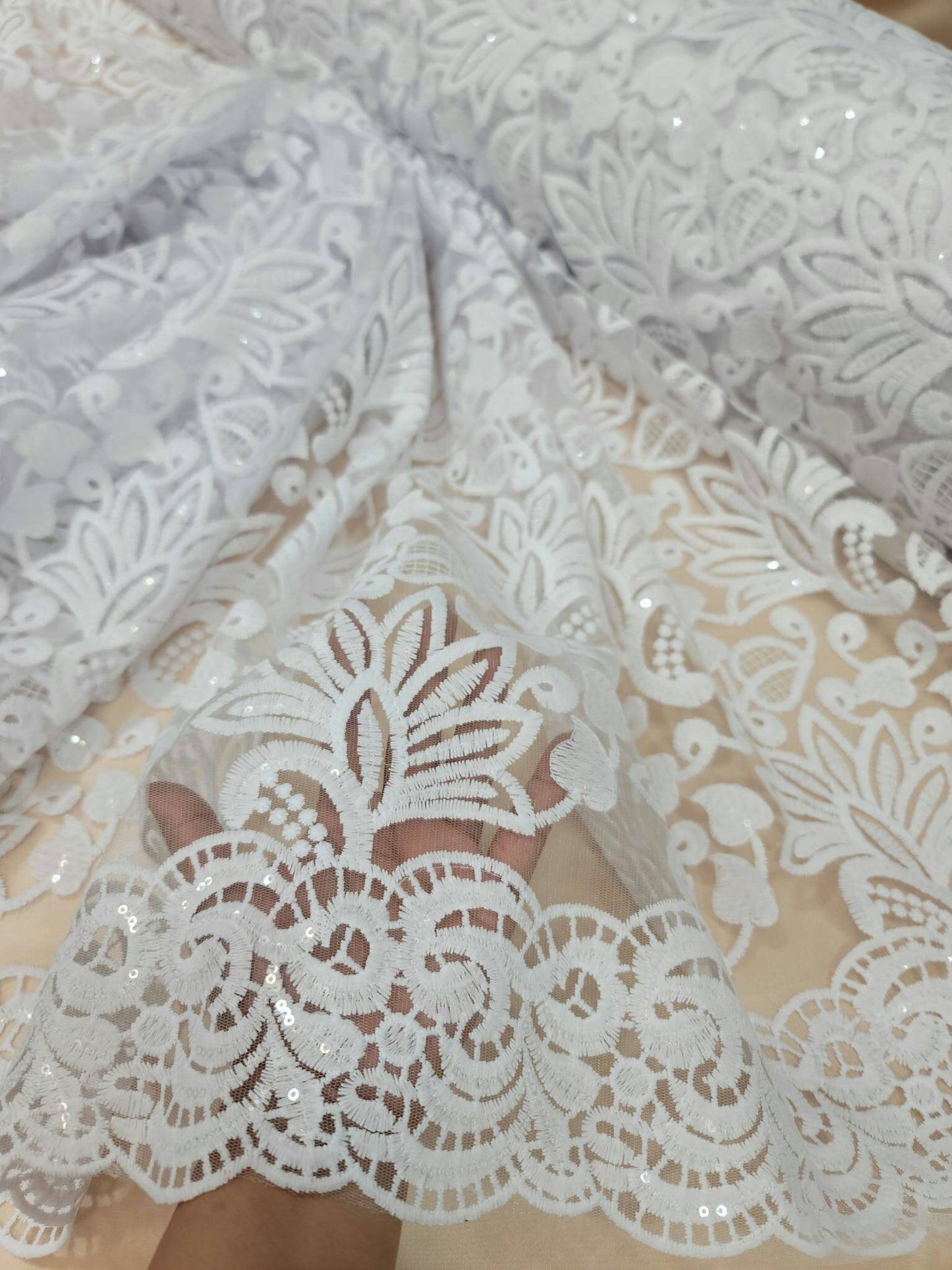 White Bridal Lace Floral Flowers Embroidered on Mesh Clear Sequin Fabric Sold by the Yard Double Scallops Gown Wedding Dress