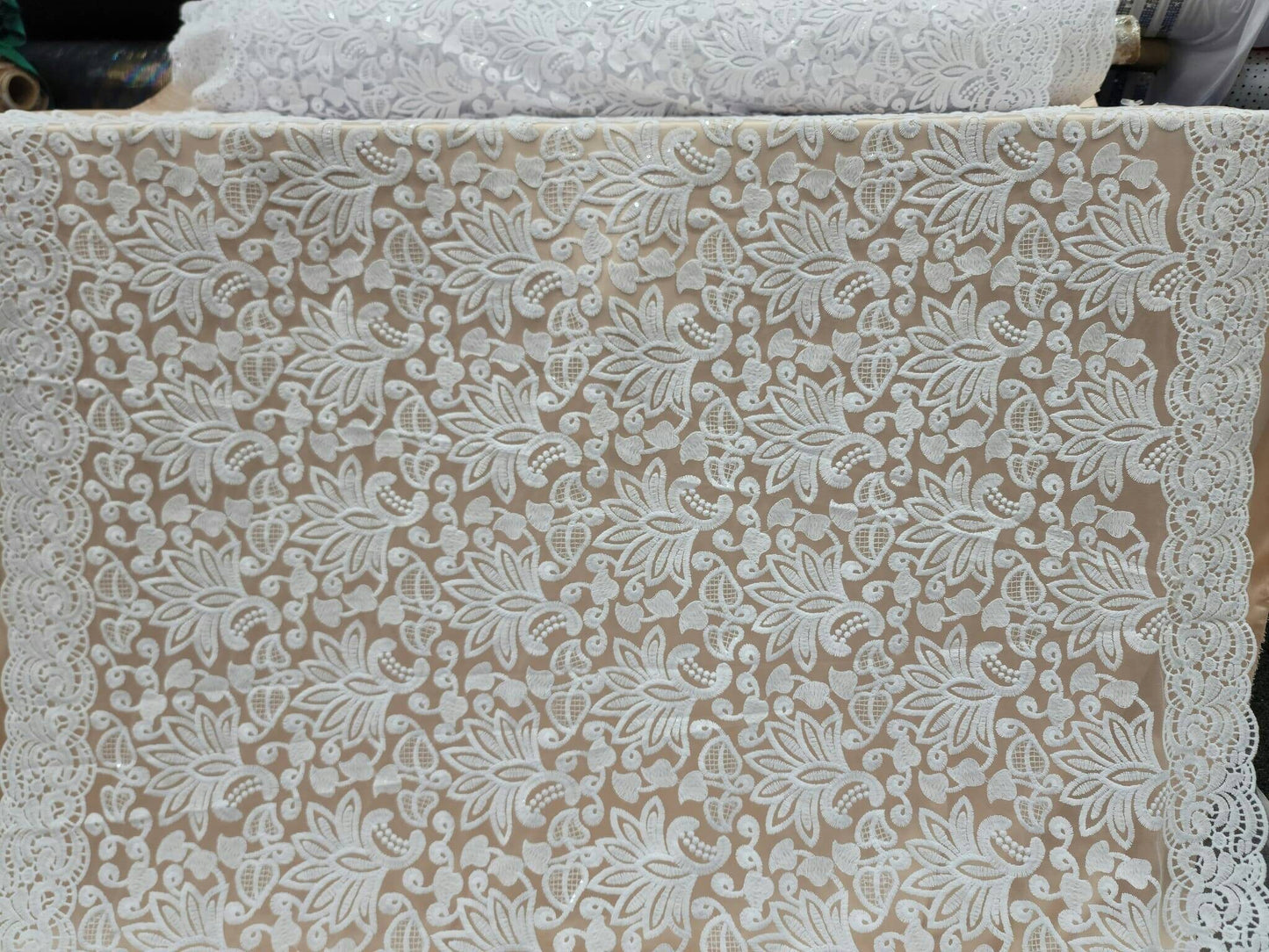 White Bridal Lace Floral Flowers Embroidered on Mesh Clear Sequin Fabric Sold by the Yard Double Scallops Gown Wedding Dress