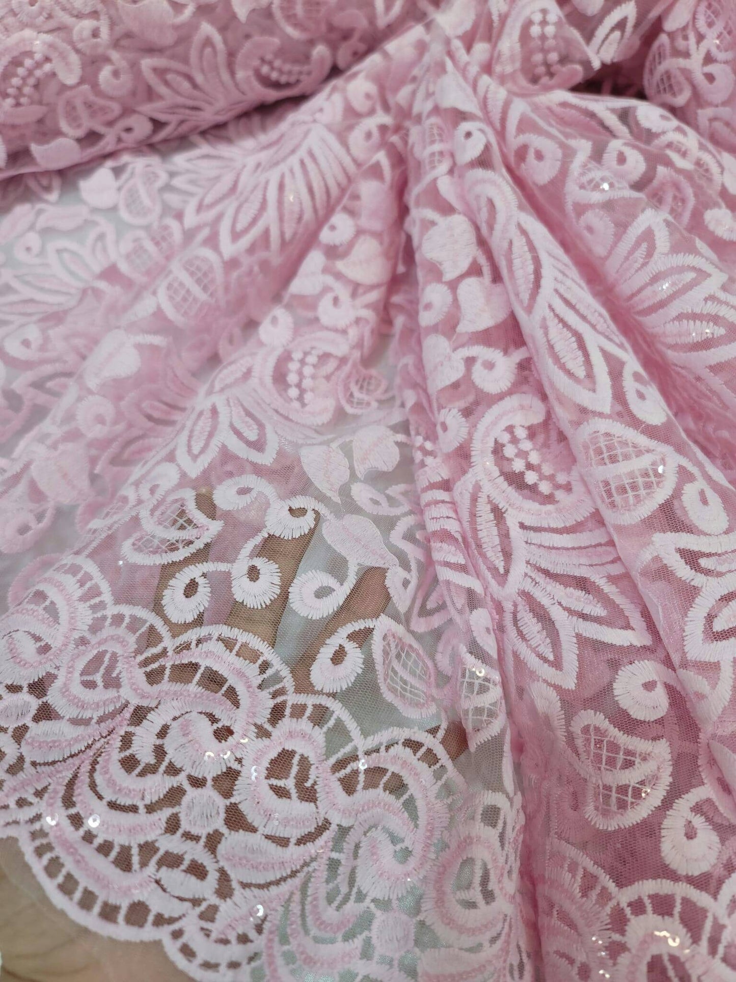 Pink Embroidery Lace Fabric Sold By The Yard The Yard Clear Sequin Double Scalloped Floral flowers Bridal Evening Dress Quinceañera Gown