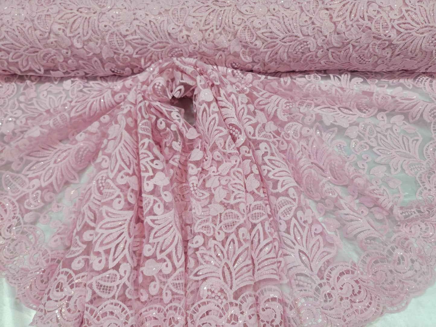 Pink Embroidery Lace Fabric Sold By The Yard The Yard Clear Sequin Double Scalloped Floral flowers Bridal Evening Dress Quinceañera Gown