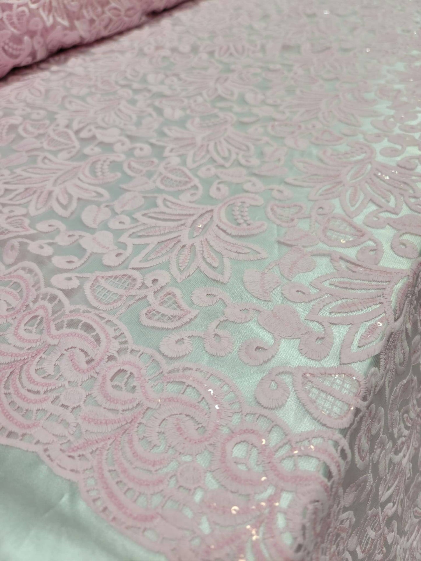 Pink Embroidery Lace Fabric Sold By The Yard The Yard Clear Sequin Double Scalloped Floral flowers Bridal Evening Dress Quinceañera Gown