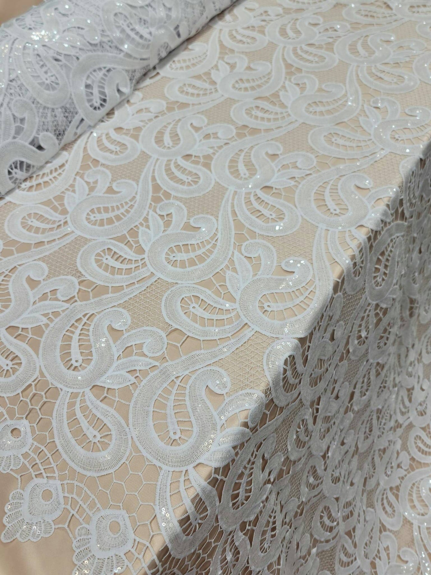 White Guipure Lace Clear Sequin Fabric By The Yard Geometric Pattern Bridal Evening Dress Heavy Embroidery