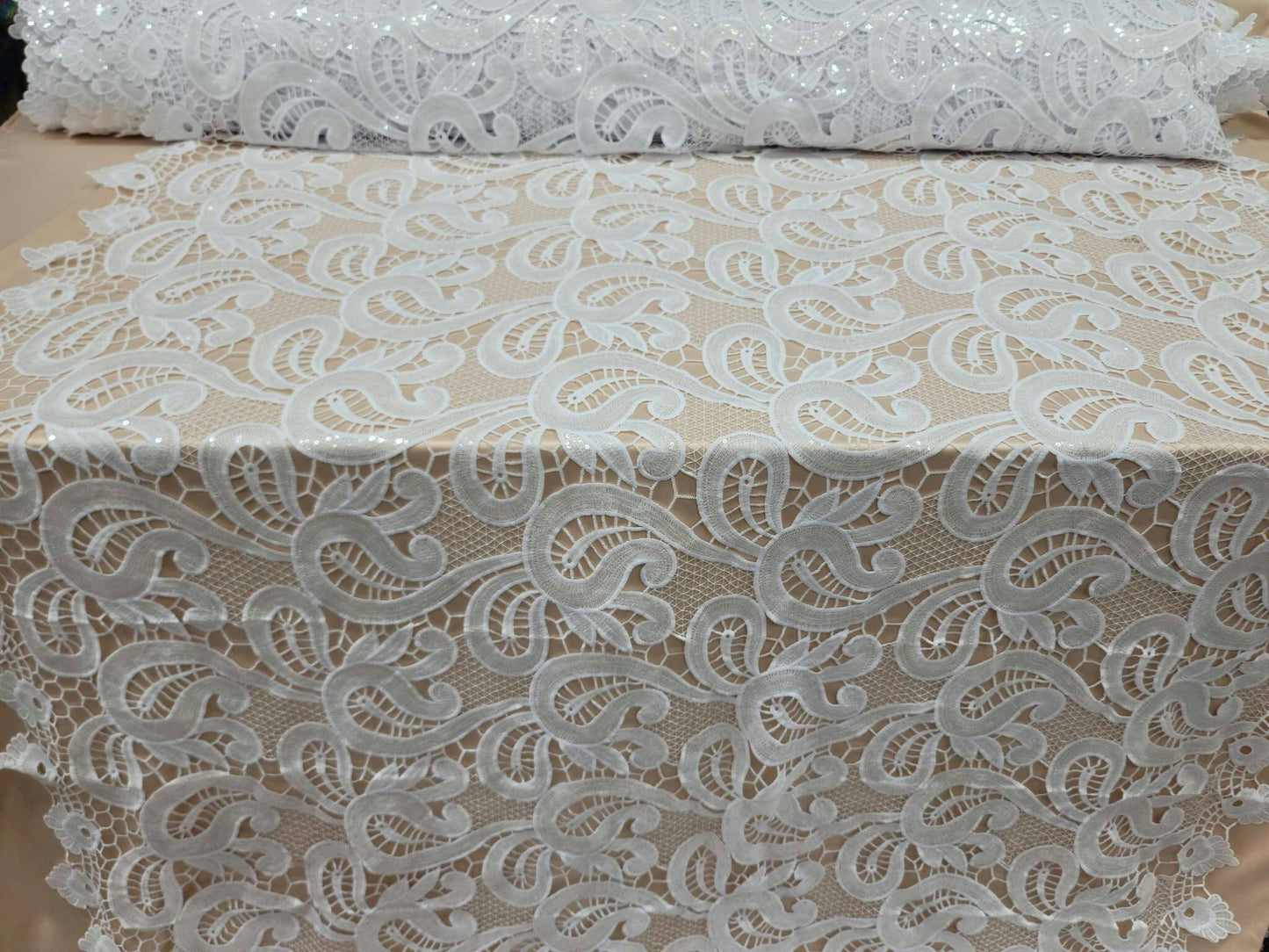 White Guipure Lace Clear Sequin Fabric By The Yard Geometric Pattern Bridal Evening Dress Heavy Embroidery