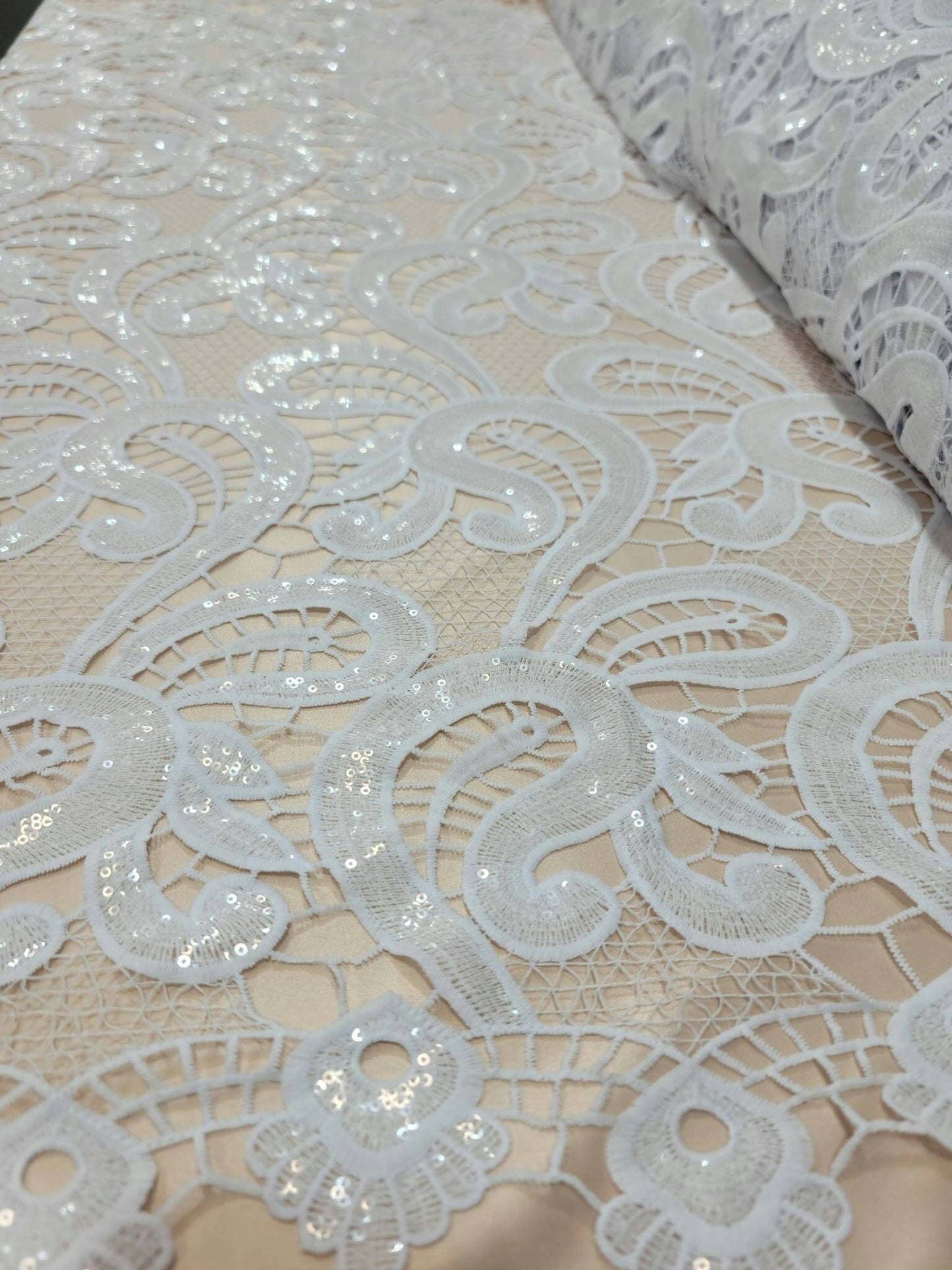 White Guipure Lace Clear Sequin Fabric By The Yard Geometric Pattern Bridal Evening Dress Heavy Embroidery