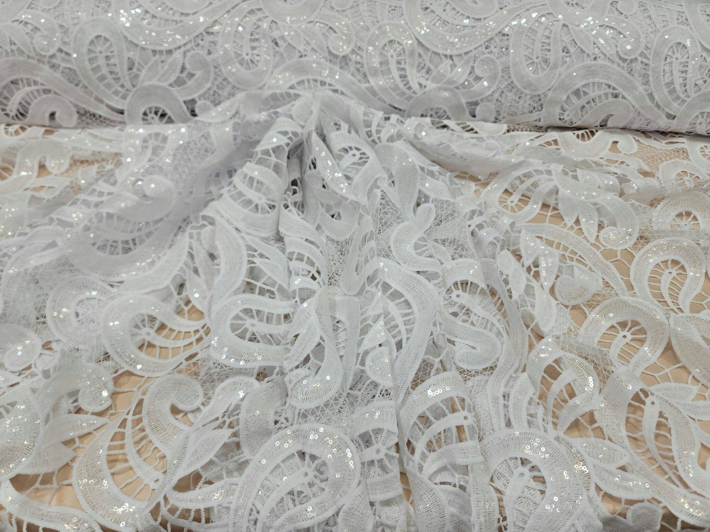 White Guipure Lace Clear Sequin Fabric By The Yard Geometric Pattern Bridal Evening Dress Heavy Embroidery