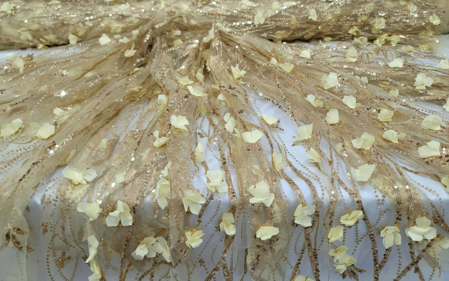 Gold Sequin Lace 3D Floral Flowers Embroidered Glitter Prom Fabric Sold by the Yard Gown Quinceañera Bridal Decoration Draping