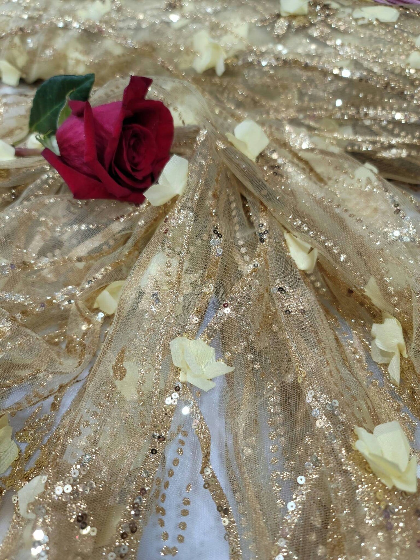 Gold Sequin Lace 3D Floral Flowers Embroidered Glitter Prom Fabric Sold by the Yard Gown Quinceañera Bridal Decoration Draping