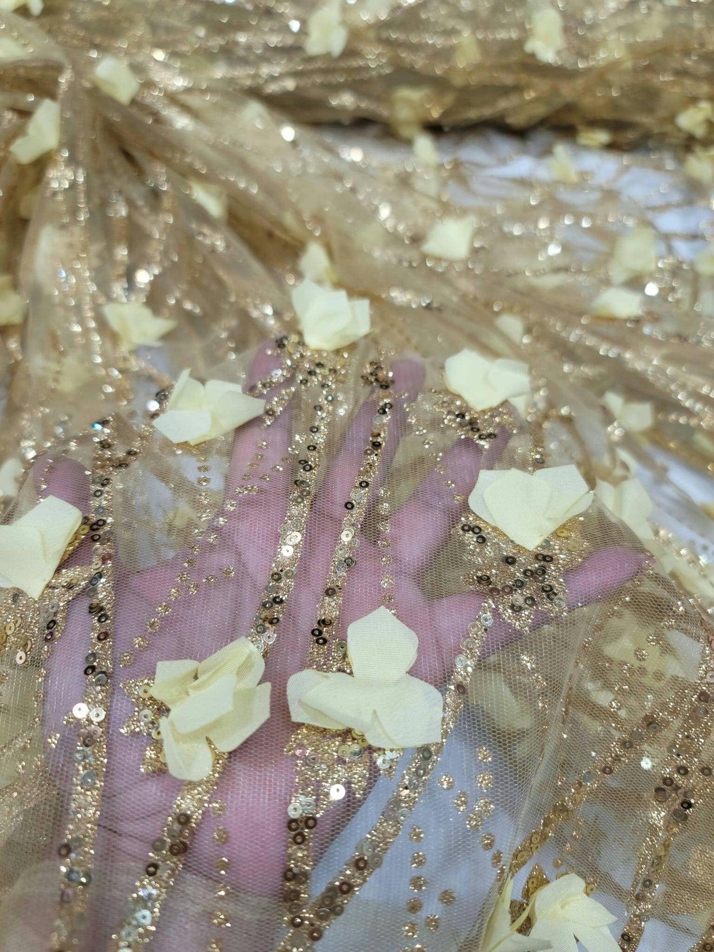 Gold Sequin Lace 3D Floral Flowers Embroidered Glitter Prom Fabric Sold by the Yard Gown Quinceañera Bridal Decoration Draping