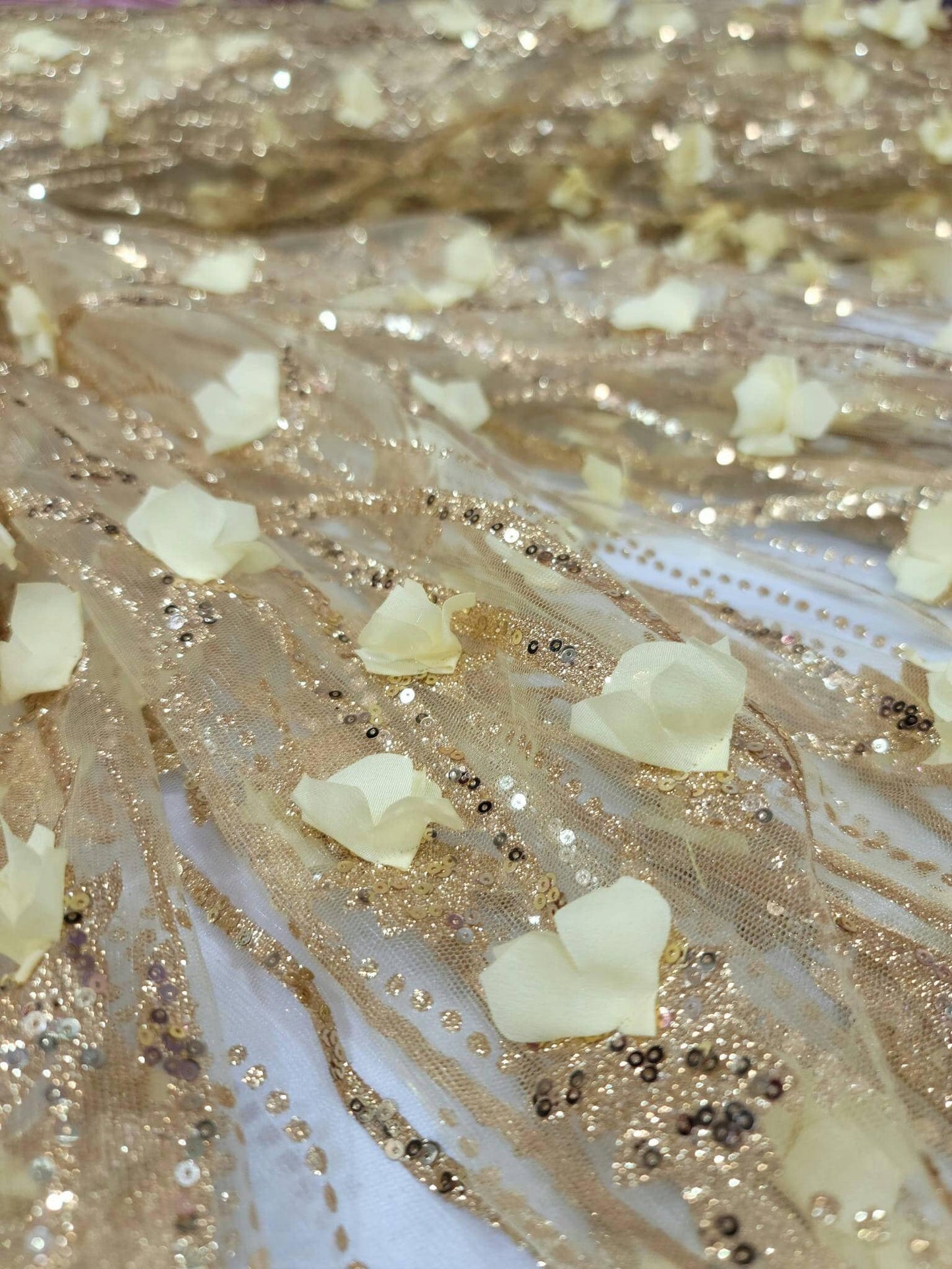 Gold Sequin Lace 3D Floral Flowers Embroidered Glitter Prom Fabric Sold by the Yard Gown Quinceañera Bridal Decoration Draping