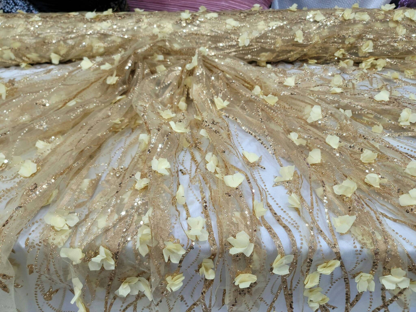 Gold Sequin Lace 3D Floral Flowers Embroidered Glitter Prom Fabric Sold by the Yard Gown Quinceañera Bridal Decoration Draping