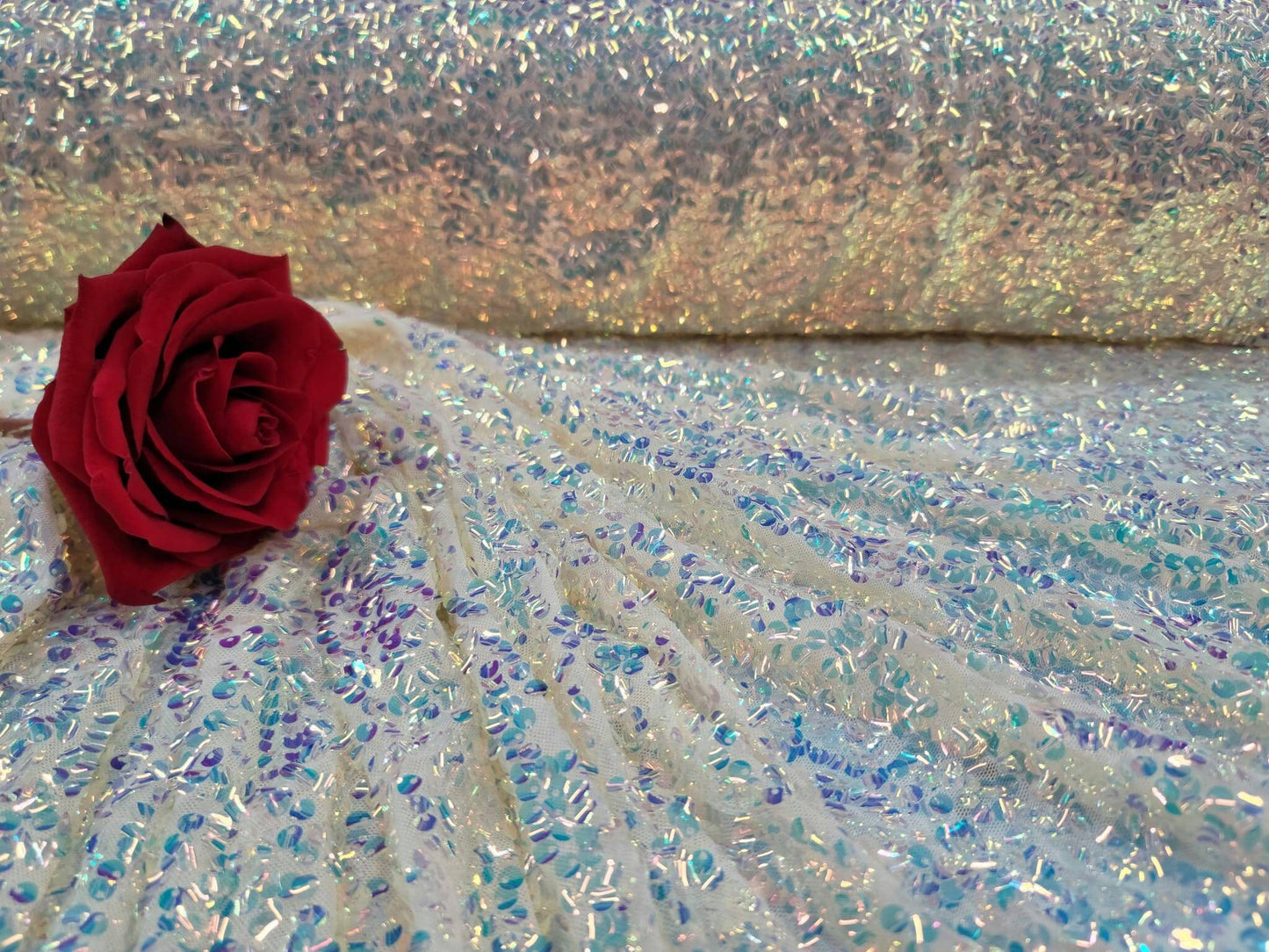 Light Yellow Sequin Iridescent On Four Way Stretch Mesh Prom Fabric Sold By The Yard Gown Prom Bridal Evening Dress Telas Para Costura