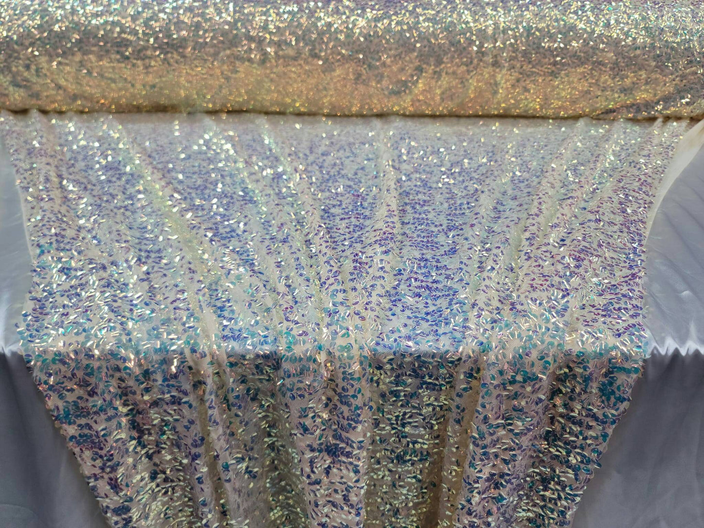 Light Yellow Sequin Iridescent On Four Way Stretch Mesh Prom Fabric Sold By The Yard Gown Prom Bridal Evening Dress Telas Para Costura