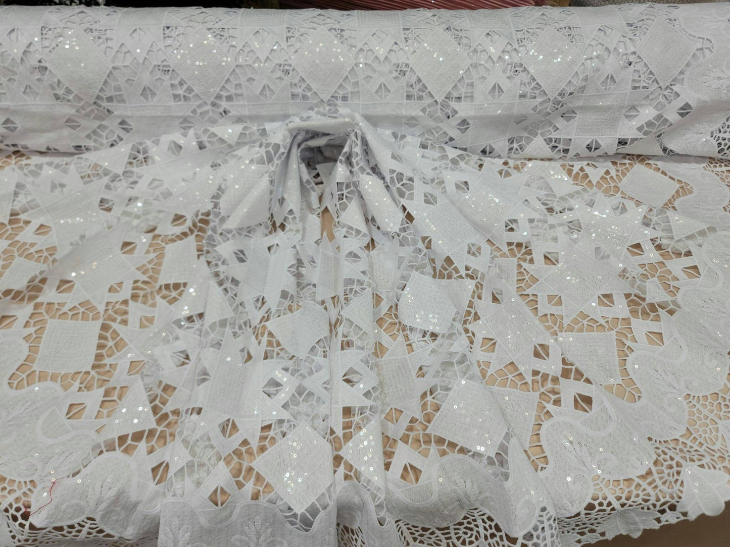 White Guipure Lace Floral Flowers Embroidered Clear Sequin On Mesh Fabric Sold By The Yard Bridal Evening Dress