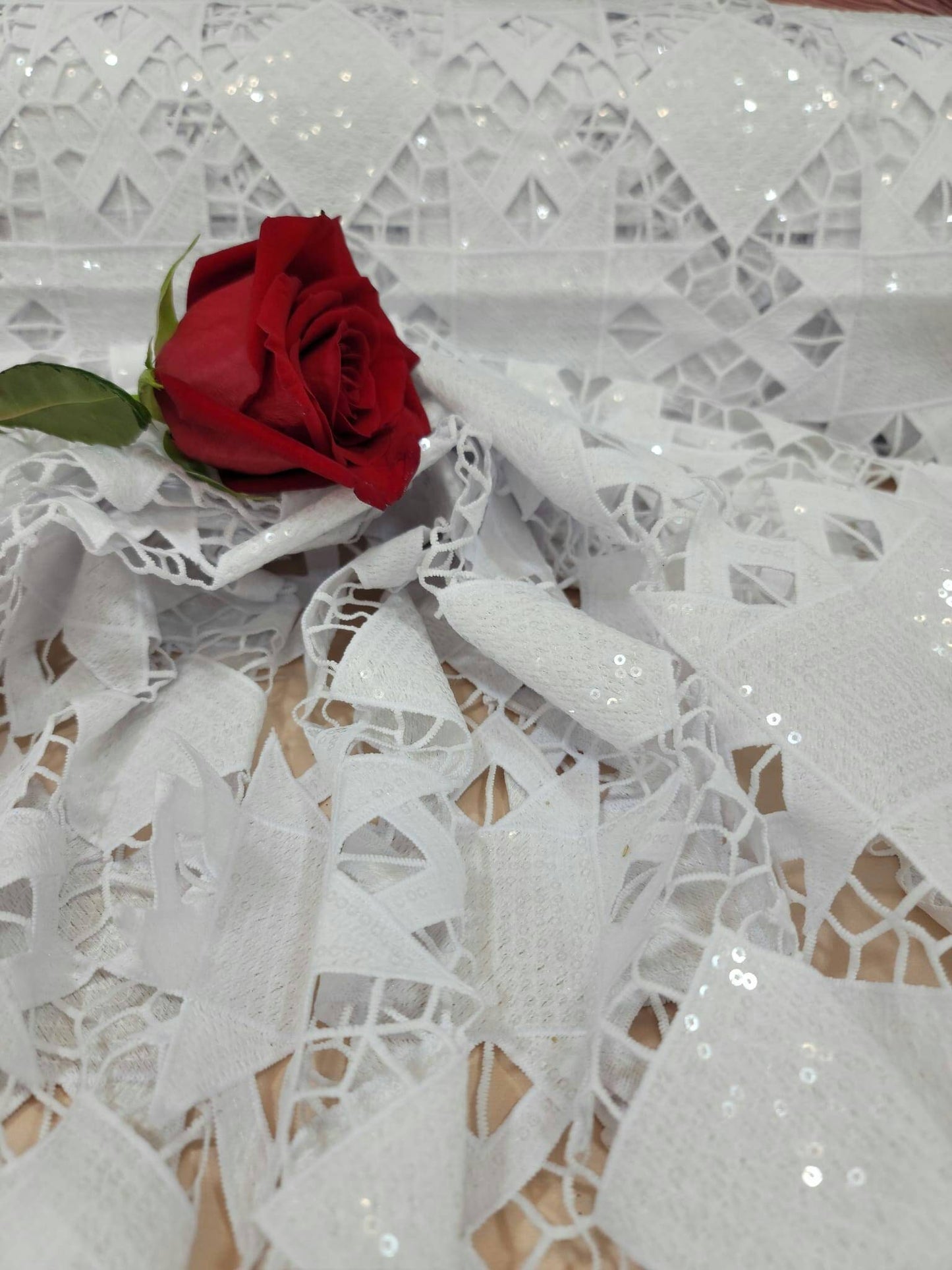 White Guipure Lace Floral Flowers Embroidered Clear Sequin On Mesh Fabric Sold By The Yard Bridal Evening Dress