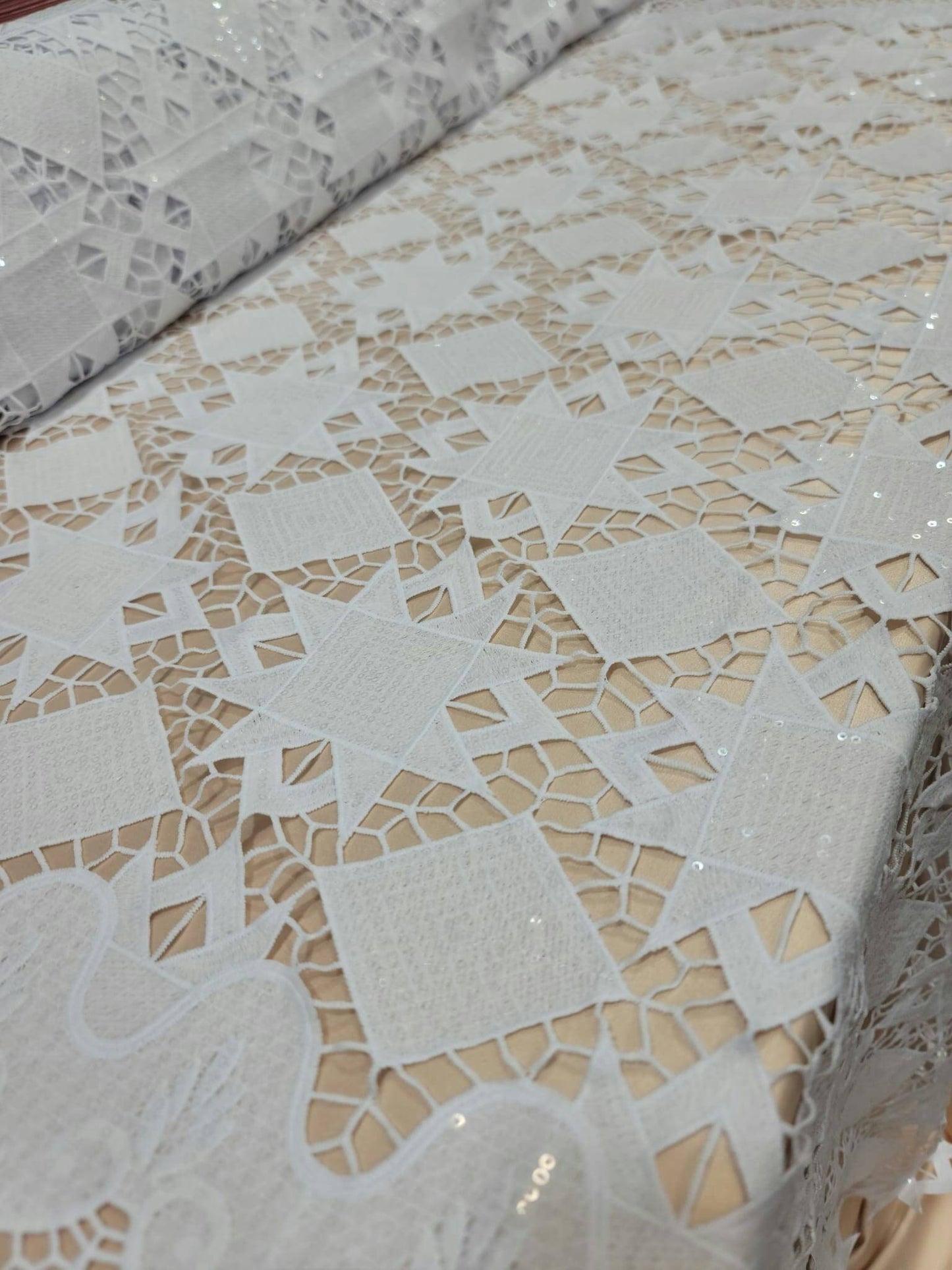 White Guipure Lace Floral Flowers Embroidered Clear Sequin On Mesh Fabric Sold By The Yard Bridal Evening Dress